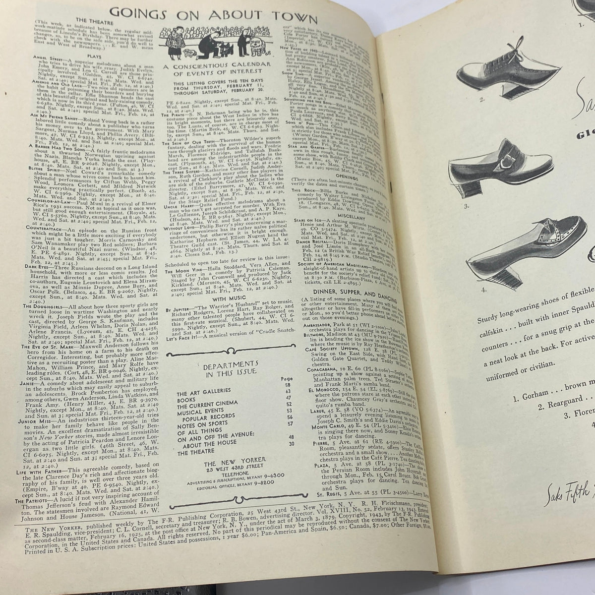 Interior of The New Yorker magazine, February 13, 1943 edition, showcasing 'Goings On About Town' section, featuring events and cultural listings.