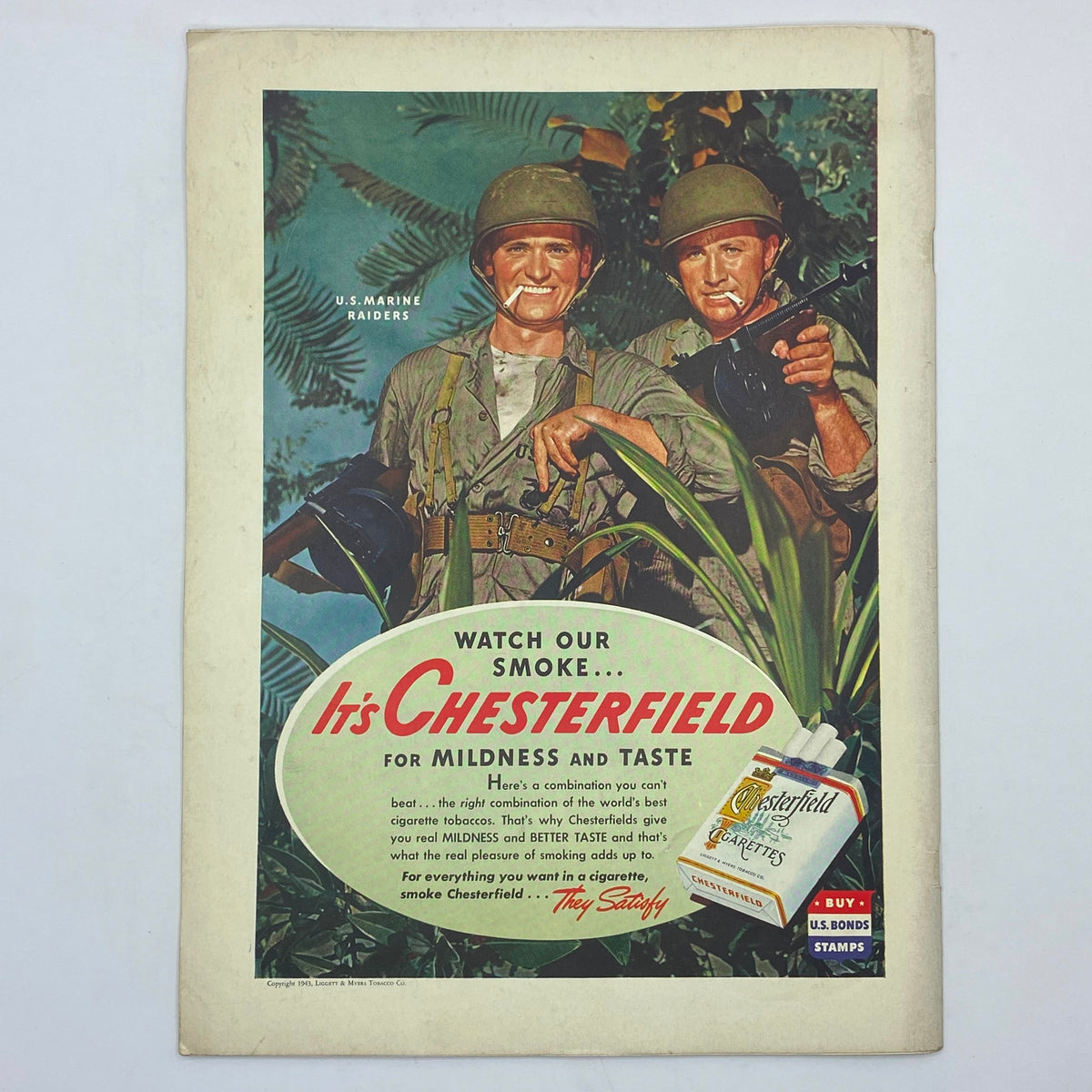 Advertisement for Chesterfield cigarettes from The New Yorker magazine January 30, 1943, featuring two soldiers promoting the product amidst tropical foliage.
