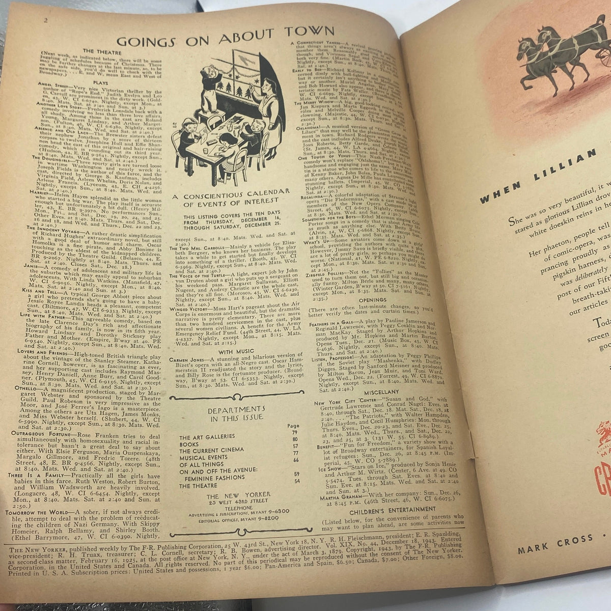 Interior page of The New Yorker Complete Magazine December 18, 1943 showcasing the 'Goings On About Town' section, featuring events and activities relevant to the time, paired with illustrations.