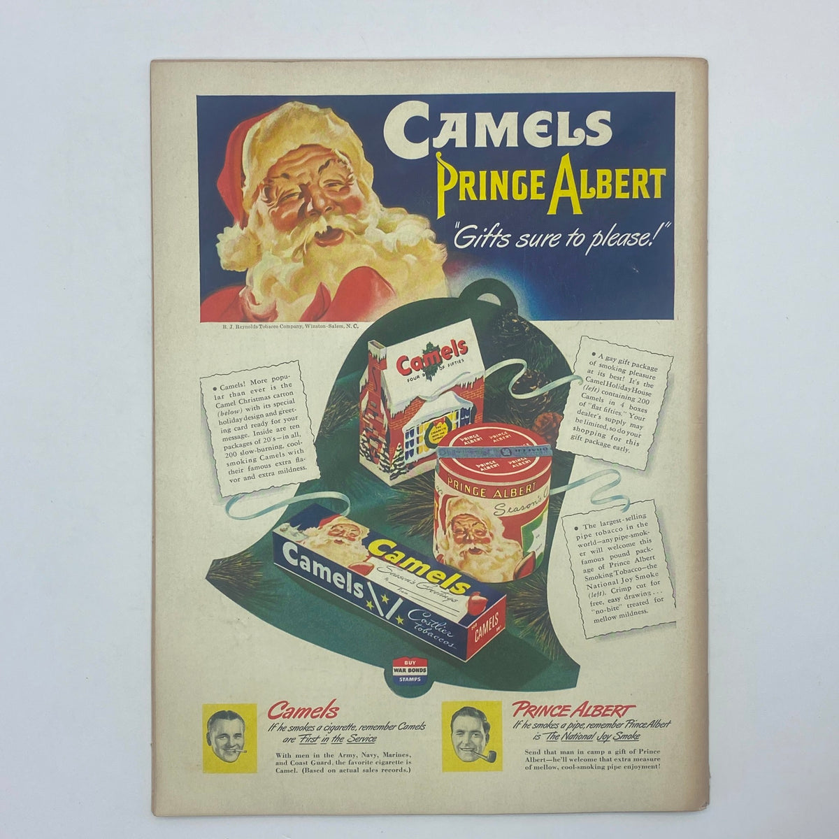 Advertisment page in The New Yorker Complete Magazine December 18, 1943 featuring Camel cigarettes and Prince Albert tobacco, adorned with festive imagery and promotional text.