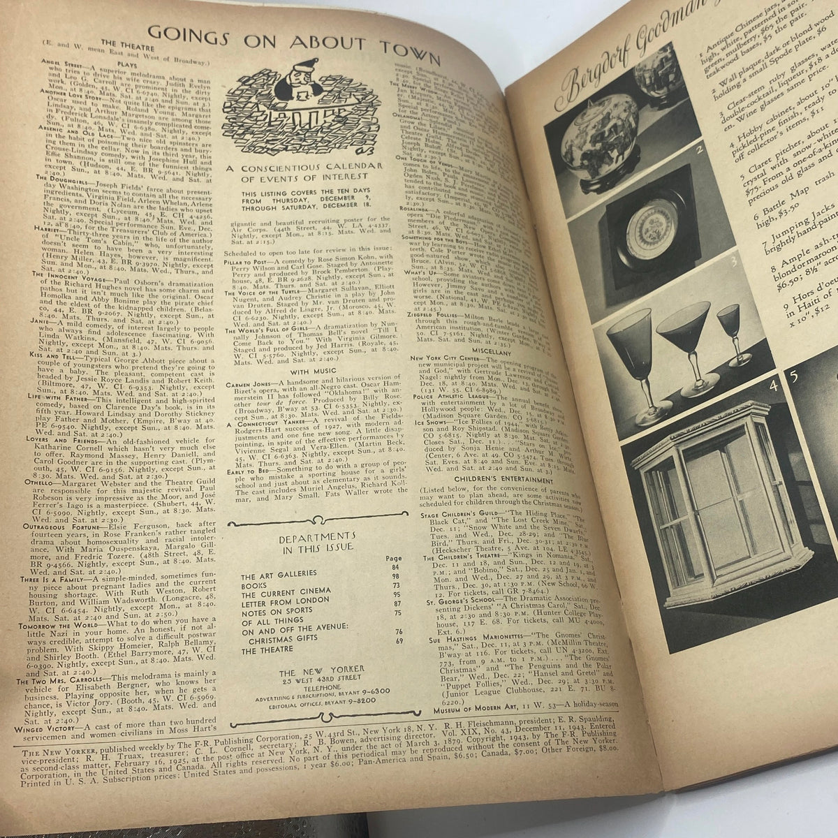 Inside view of The New Yorker Complete Magazine December 11, 1943 showcasing the 'Goings On About Town' section with a calendar of events and cultural listings.