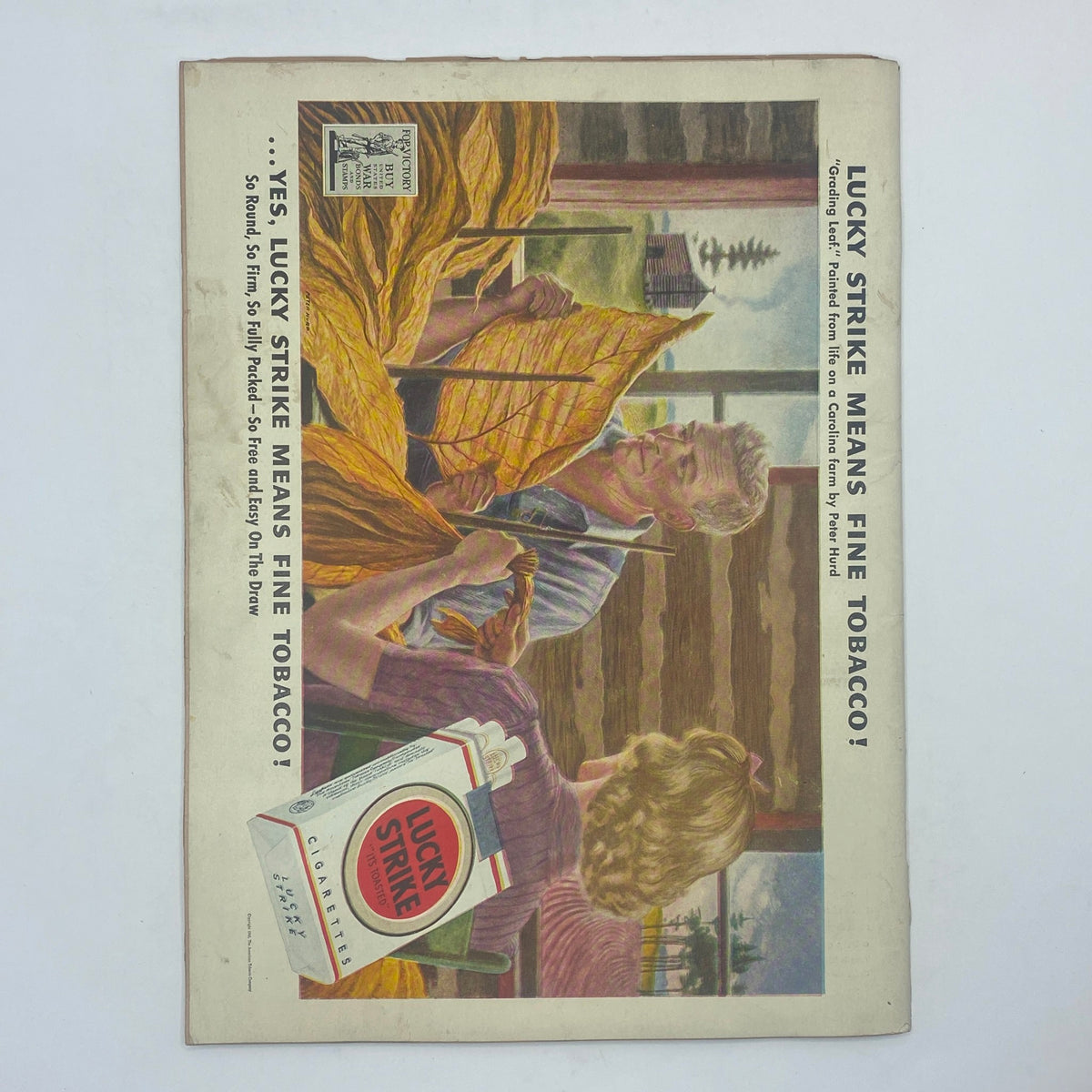 Advertisement from The New Yorker Complete Magazine October 30, 1943 featuring Lucky Strike tobacco, depicting a scene of tobacco preparation, illustrating vintage advertising design.