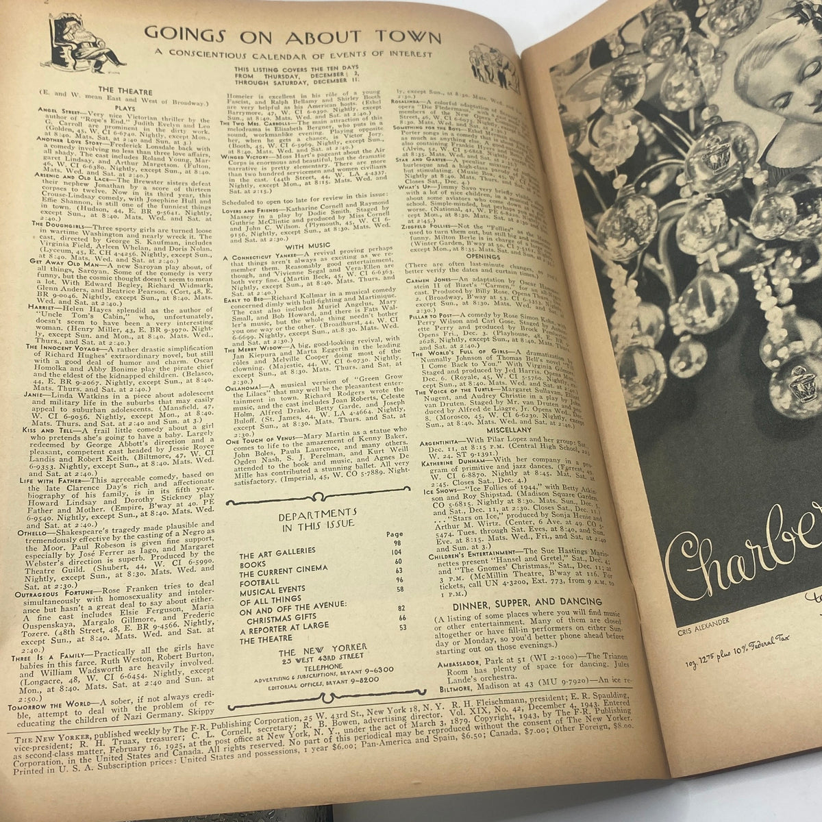 Inside pages of The New Yorker Complete Magazine December 4, 1943 featuring 'Goings on About Town' calendar of events and editorial details.
