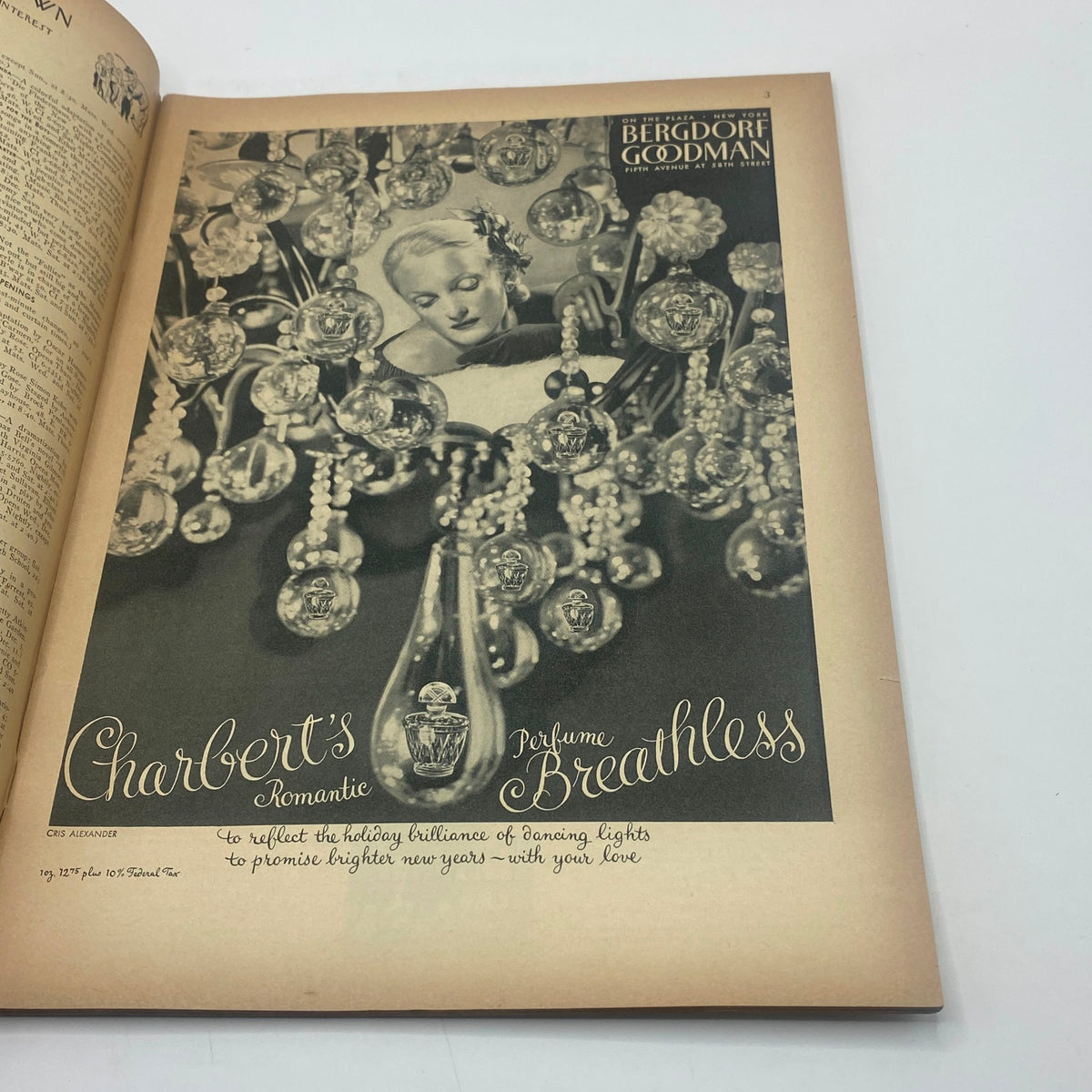 Advertorial page from The New Yorker Complete Magazine December 4, 1943 showcasing Charbert's Romantic Perfume advertisement with luxurious imagery.