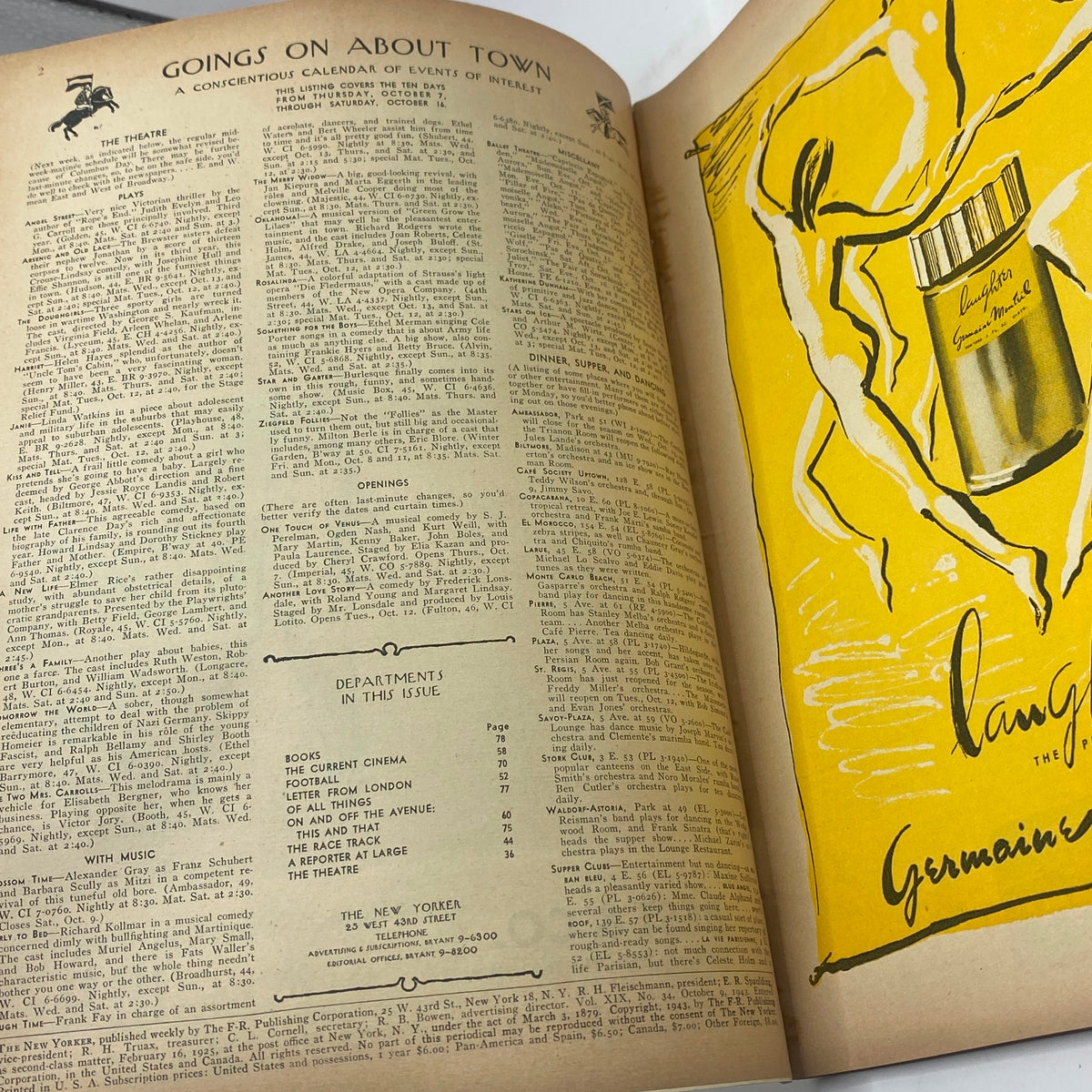 Inside spread of The New Yorker Complete Magazine October 9, 1943 showcasing the events calendar and an advertisement for Germaine Monteil's Laughter perfume.