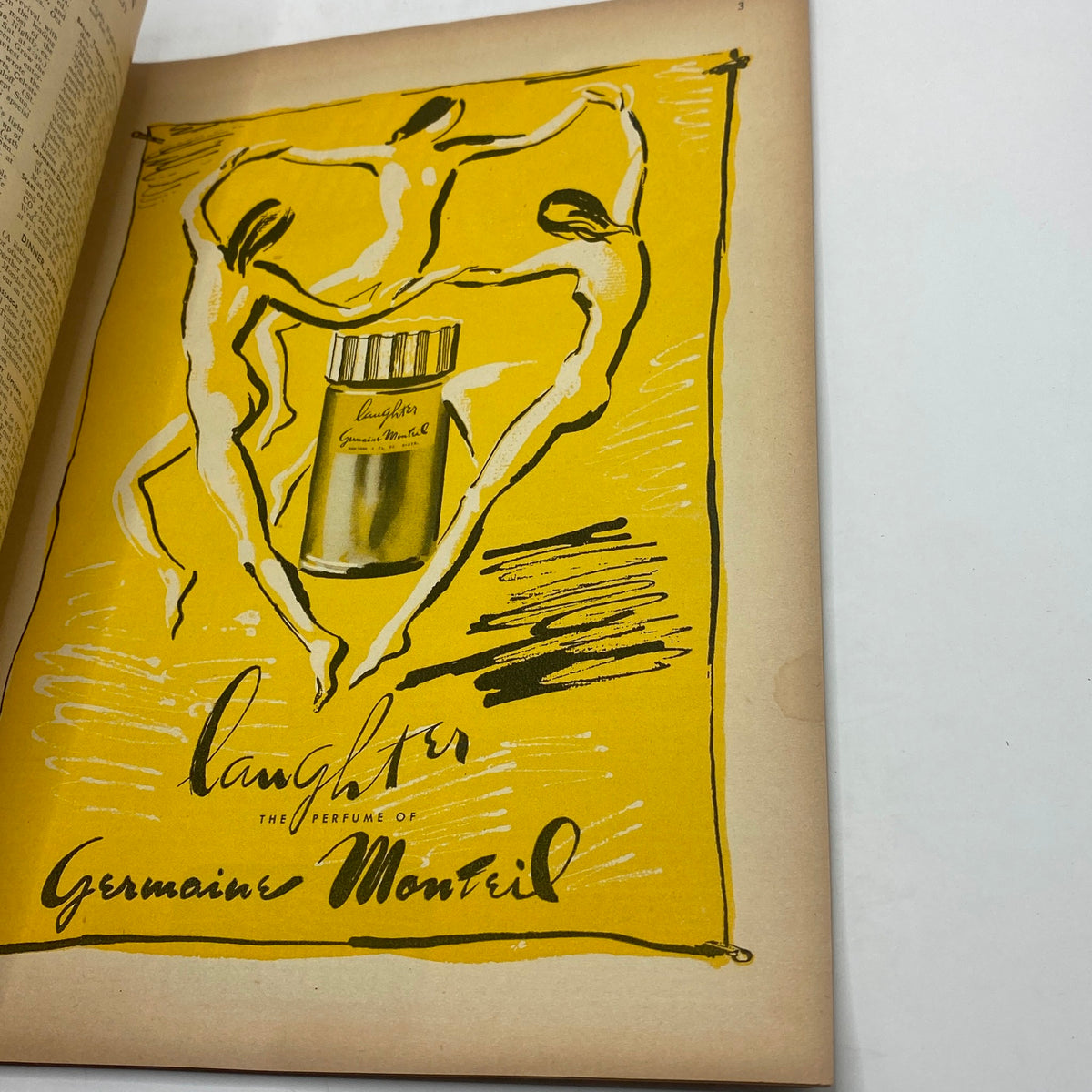 Advertisement for Germaine Monteil's Laughter perfume from The New Yorker Complete Magazine October 9, 1943, featuring an artistic illustration of dancers.