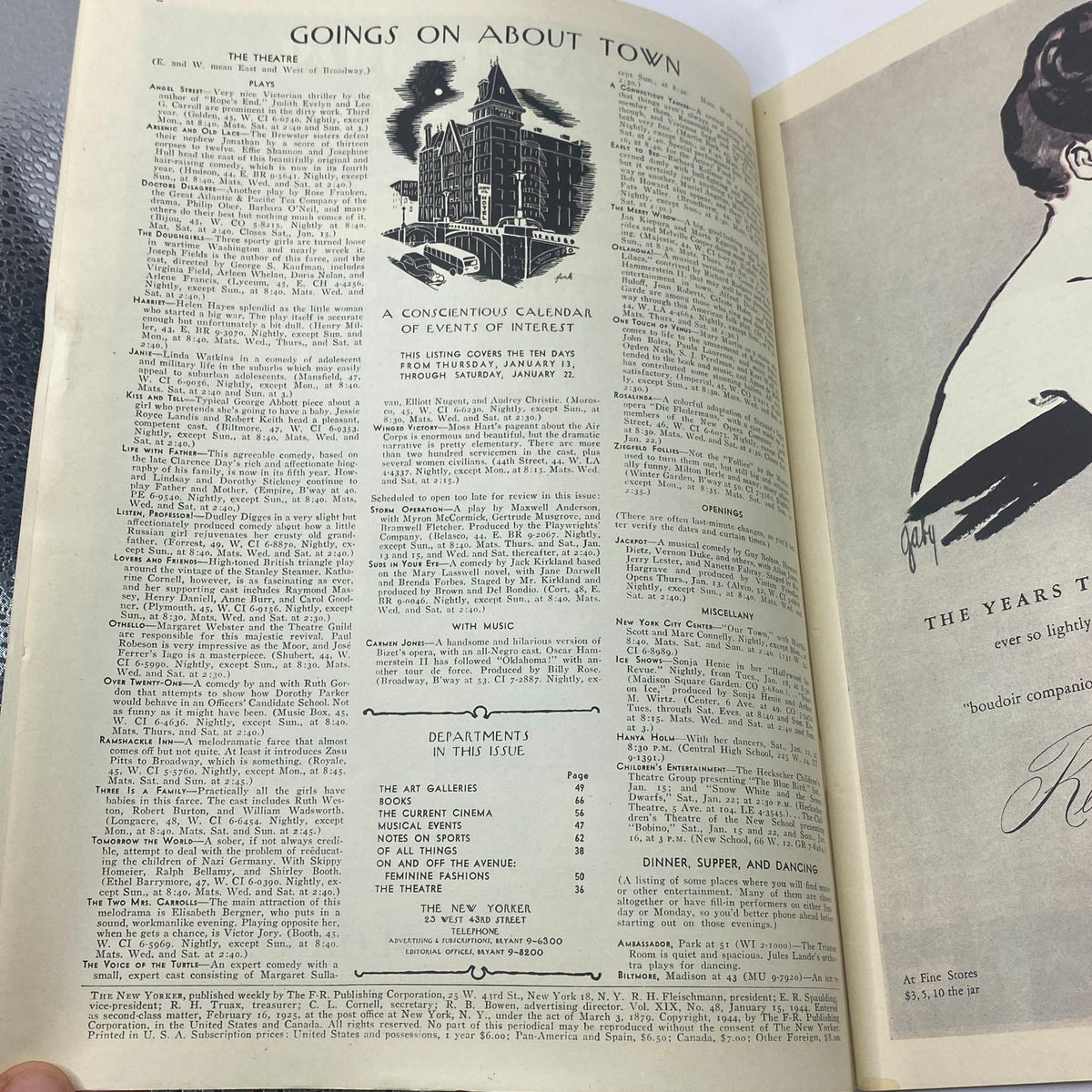 Interior page of The New Yorker Complete Magazine January 15, 1944 featuring 'Goings On About Town' section with events calendar, theatre information, and artistic illustrations.