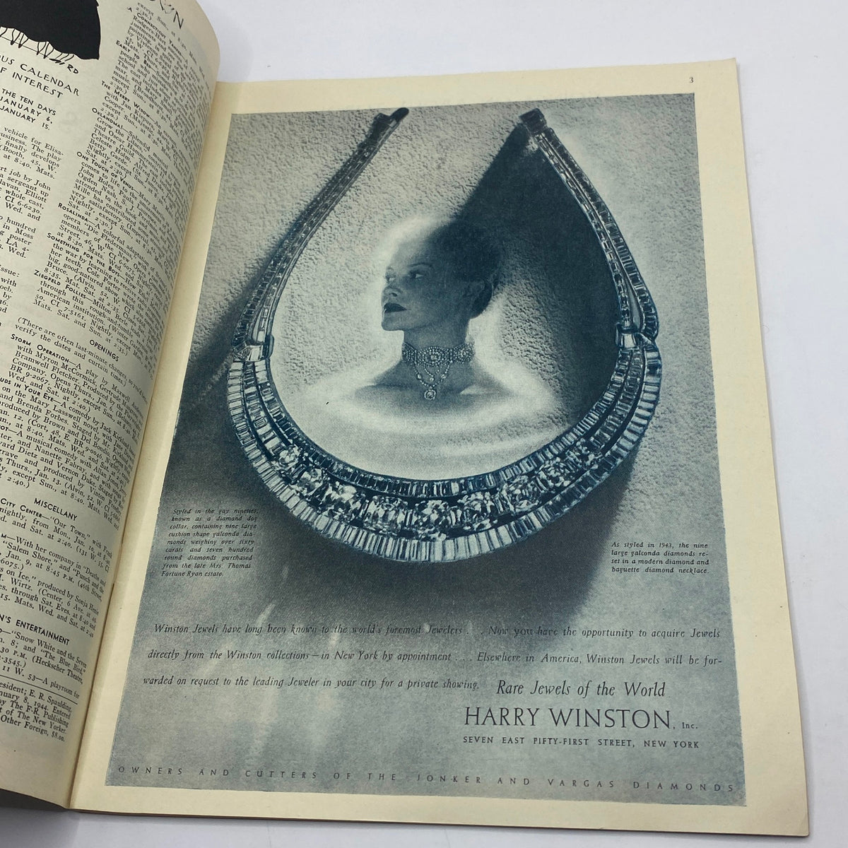 Advertisement featured in The New Yorker January 8, 1944, for Harry Winston Jewels, highlighting a model wearing an exquisite diamond necklace.