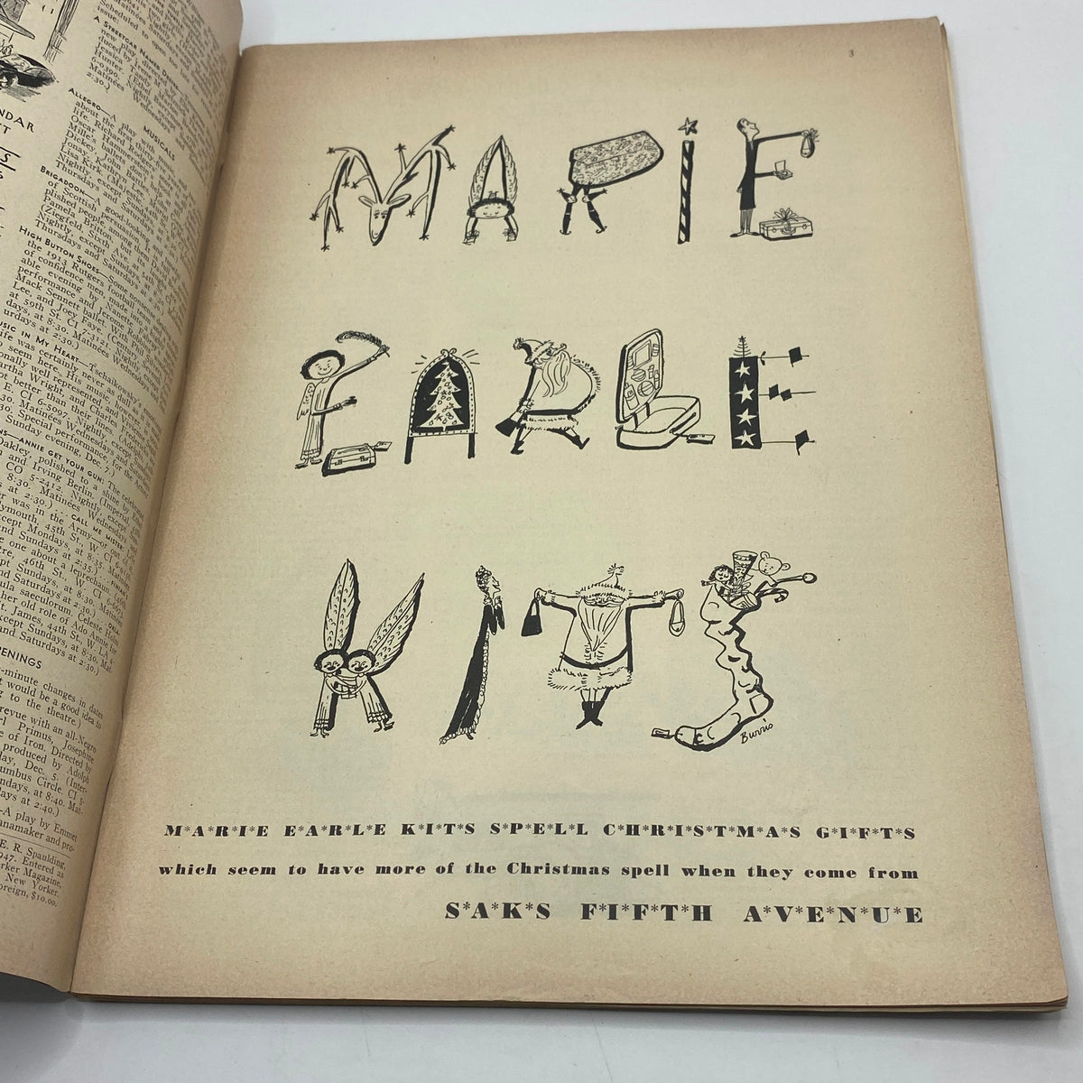 Inside page of The New Yorker magazine from December 6, 1947, featuring a playful advertisement for Christmas gifts from Saks Fifth Avenue.
