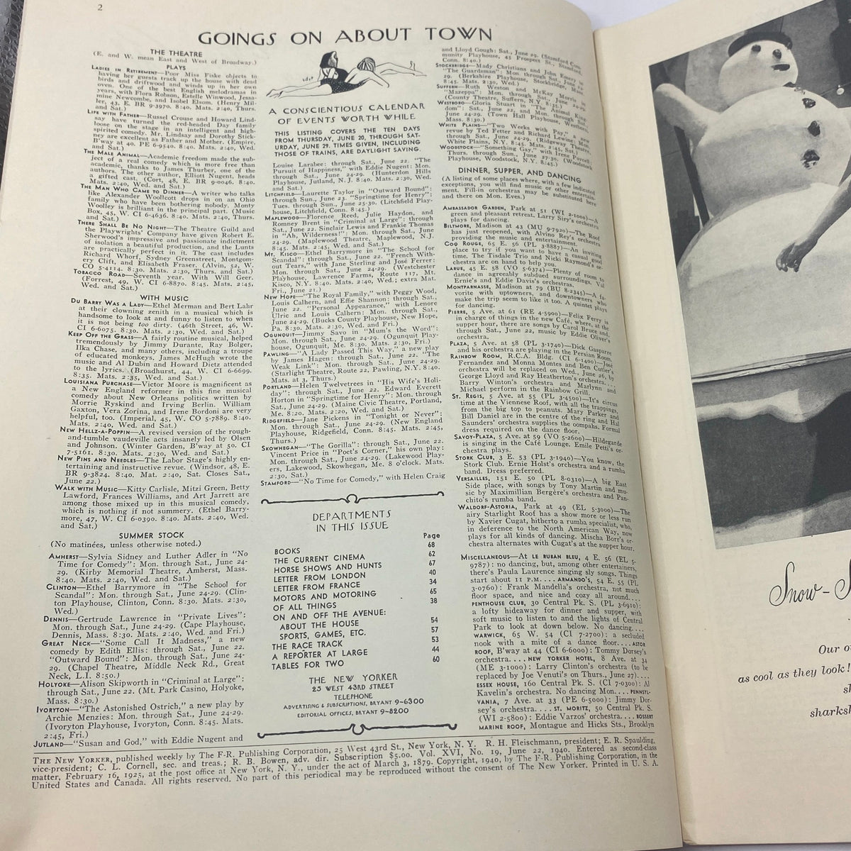 Interior page of The New Yorker Complete Magazine from June 22, 1940 featuring events listing and calendar of activities in New York City, showcasing cultural highlights from the era.