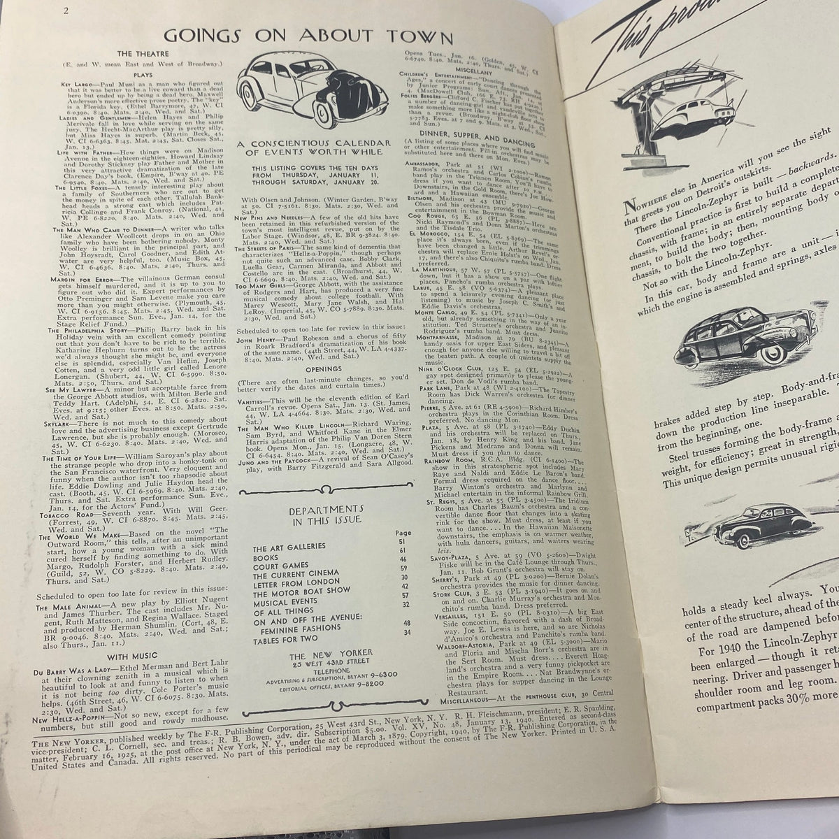 Interior page of The New Yorker magazine from January 13, 1940, featuring 'Goings on About Town' section. This edition includes listings of theater events and cultural happenings, showcasing the magazine's historical significance.