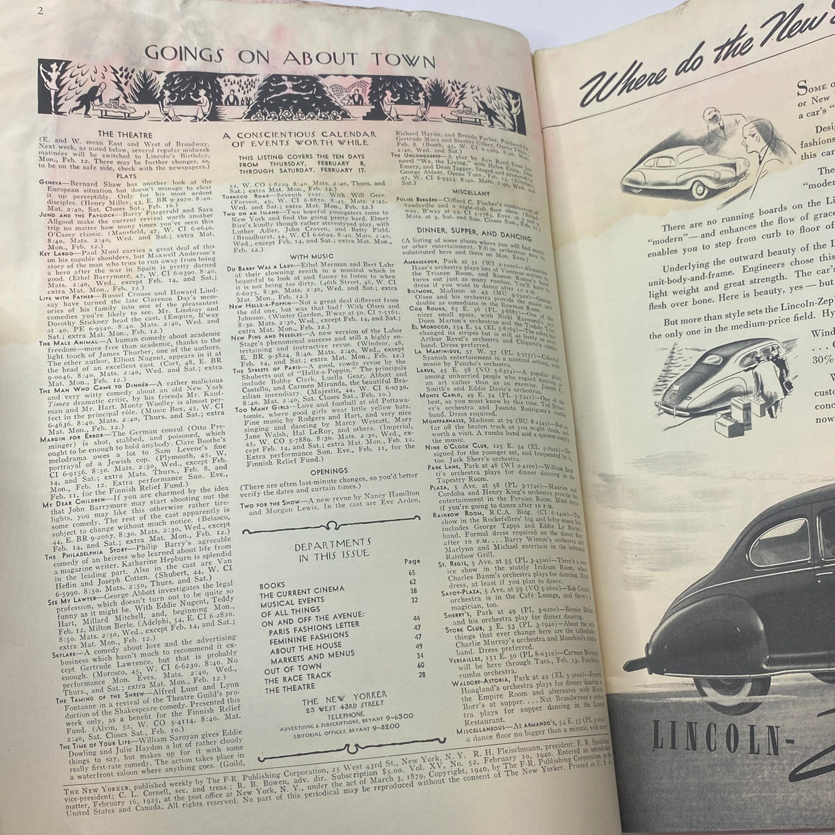Inside page of The New Yorker magazine, February 10, 1940, featuring articles on entertainment and events, showcasing the cultural landscape of the era.