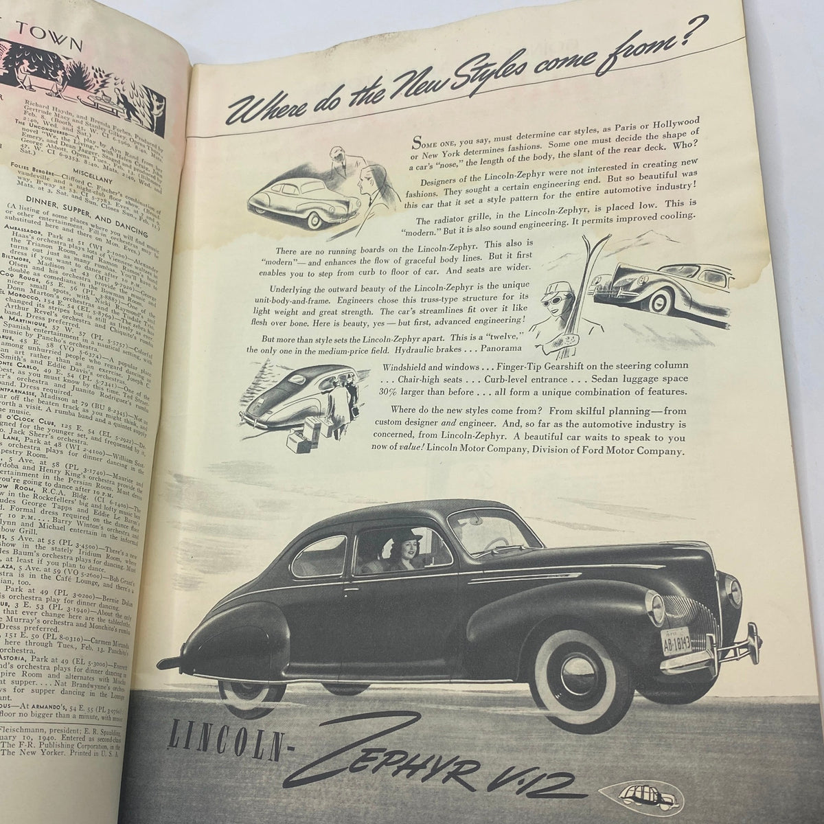 Advertisement for Lincoln Zephyr in The New Yorker, February 10, 1940, highlighting modern car designs and features, surrounded by illustrated characters.