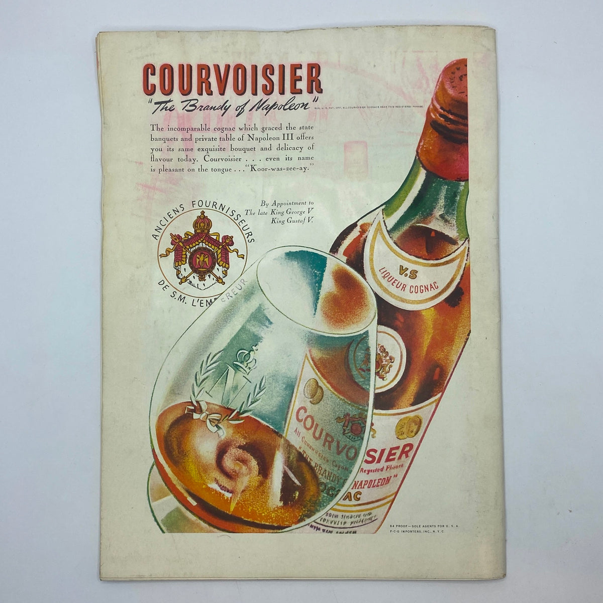 Vintage advertisement for Courvoisier in The New Yorker magazine, February 10, 1940, showcasing cognac bottles with elegant branding and design.