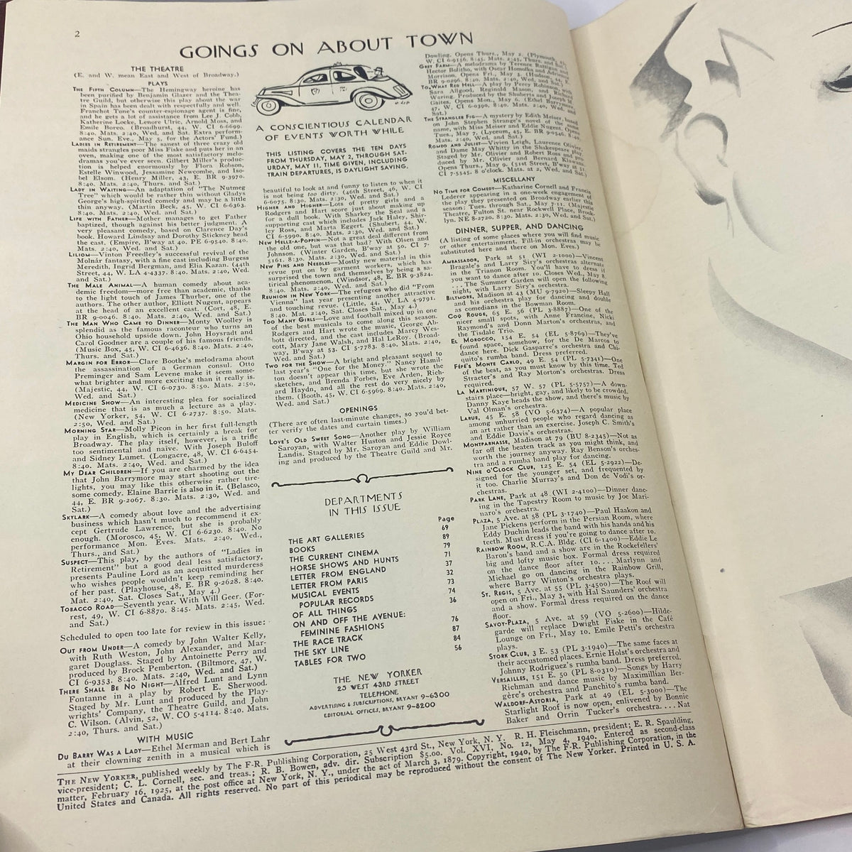 Vintage page from The New Yorker magazine dated May 4, 1940, featuring the column 'Goings On About Town' and event listings, part of the Rea Irvin cover edition.