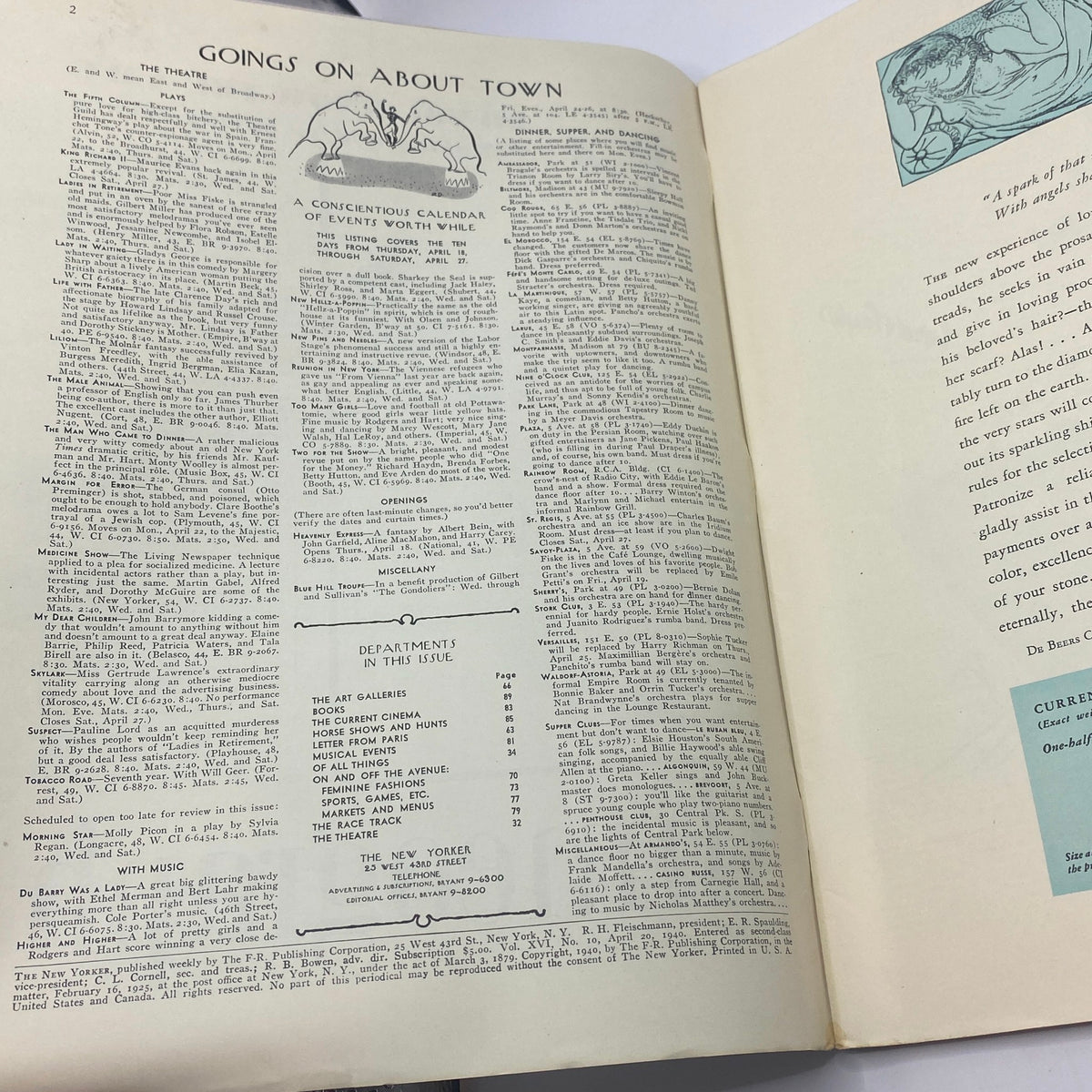 Goings On About Town section from The New Yorker Complete Magazine April 20, 1940 featuring a calendar of events and theatrical plays, in very good condition.