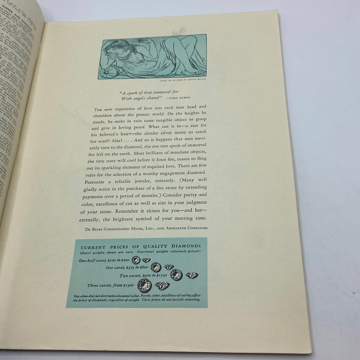 Text and illustration from The New Yorker Complete Magazine April 20, 1940 discussing diamonds and love, showcasing its vintage design, in very good condition.