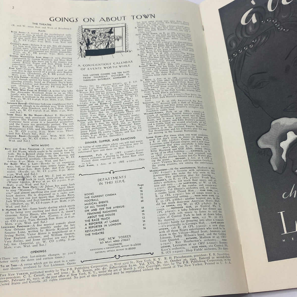 Goings On About Town section from The New Yorker Complete Magazine October 26, 1940 featuring events and entertainment listings.