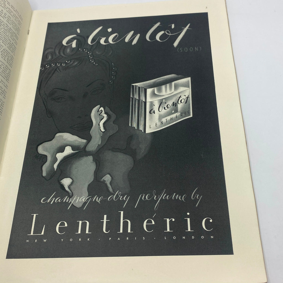 Advertisement for Lentheric champagne-dry perfume in The New Yorker Complete Magazine October 26, 1940 showcasing elegant illustration.
