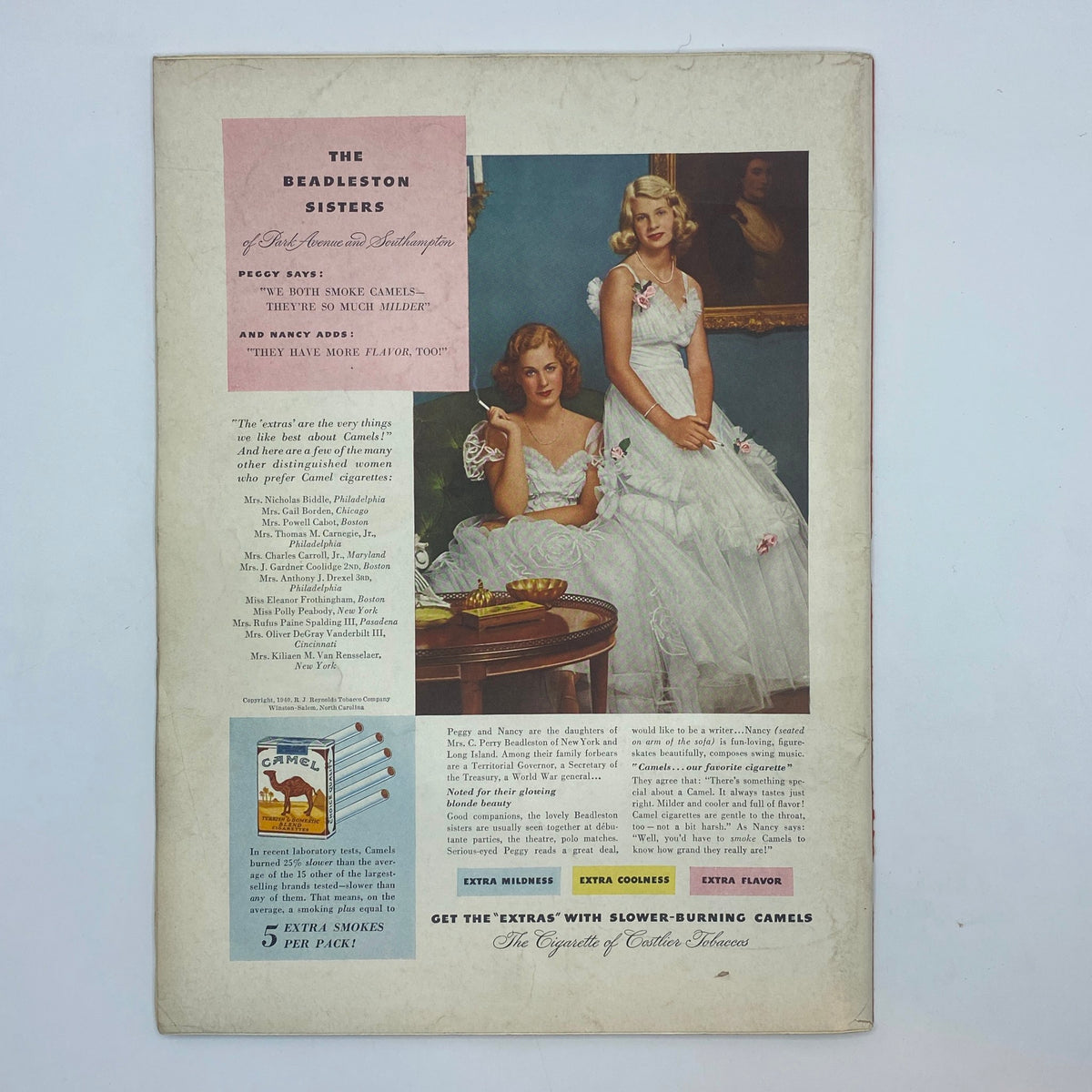 Advertisement for Camel cigarettes featuring the Beadleston sisters in The New Yorker Complete Magazine October 26, 1940 presenting vintage fashion.