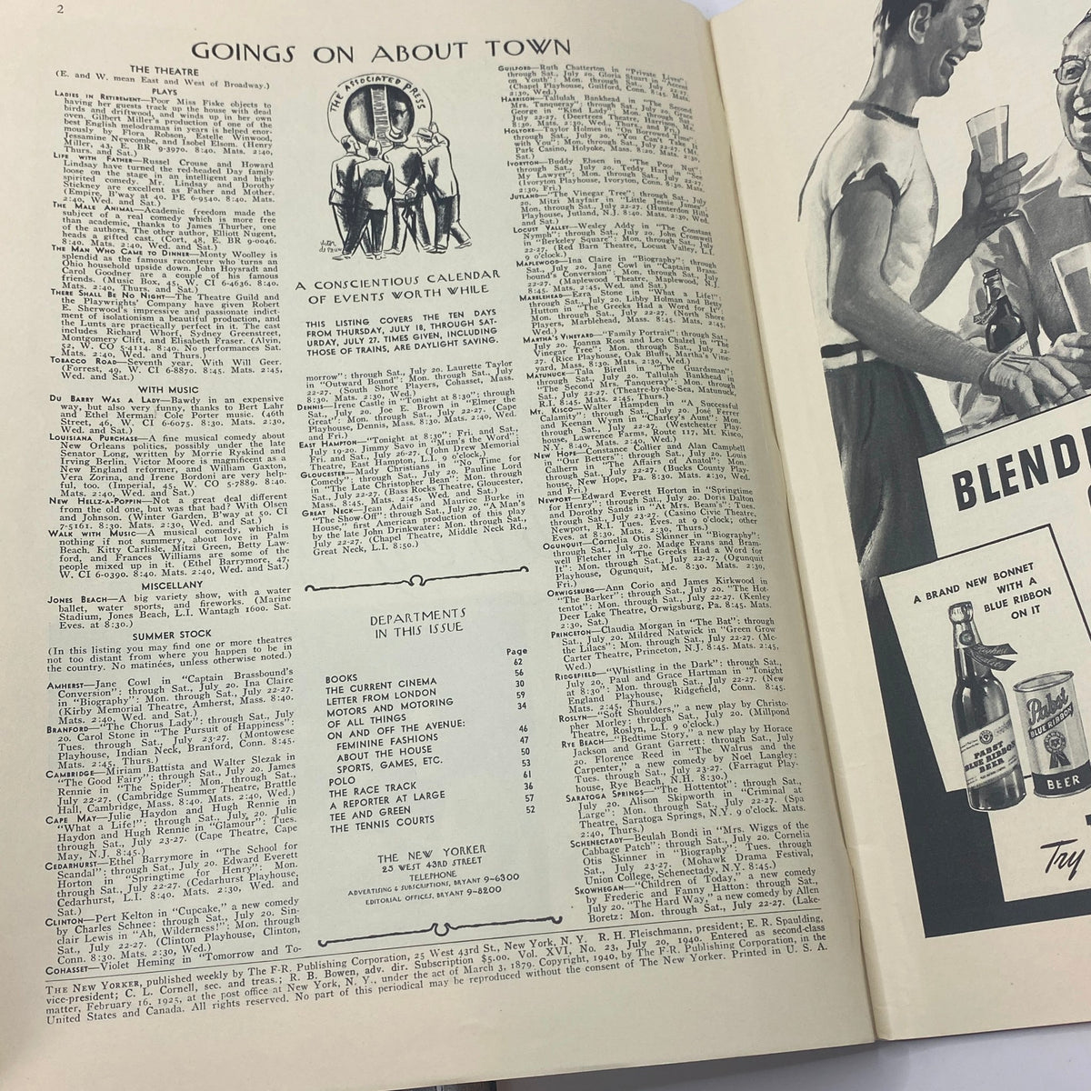 Interior page of The New Yorker magazine from July 20, 1940, featuring a calendar of events and magazine departments, showcasing the magazine's vintage layout and historical context.