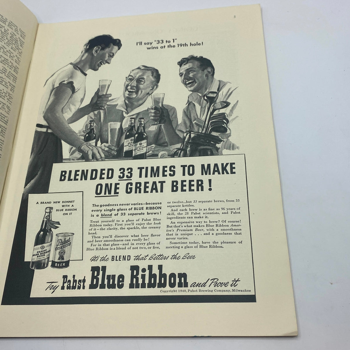 Advertisement from The New Yorker magazine, July 20, 1940, promoting Pabst Blue Ribbon beer with three men smiling and holding drinks, illustrating the social atmosphere of the era.