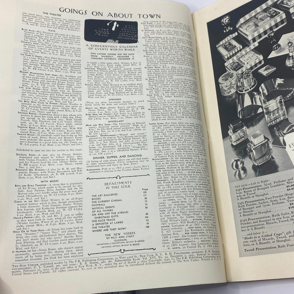 Inside pages of The New Yorker Complete Magazine December 7, 1940, featuring 'Goes on About Town' section with calendar of events and listings.
