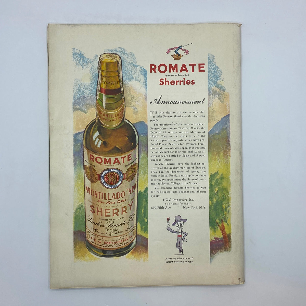 Advertisement for Romate Sherries in The New Yorker Complete Magazine December 7, 1940, featuring a vintage bottle of sherry with a colorful background.