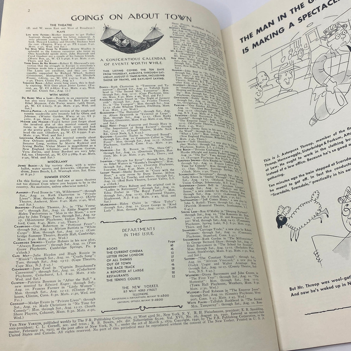 Interior pages of The New Yorker magazine dated August 10, 1940, featuring the 'Goings On About Town' calendar and cartoons, showcasing its vintage content.