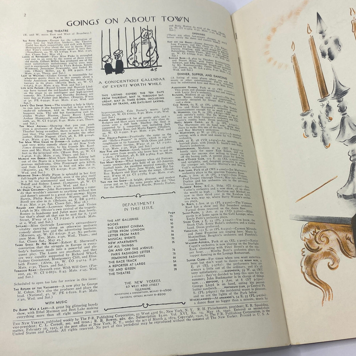 Inside pages of The New Yorker Complete Magazine May 18, 1940 featuring 'Goings On About Town' section with event listings and vintage illustrations.