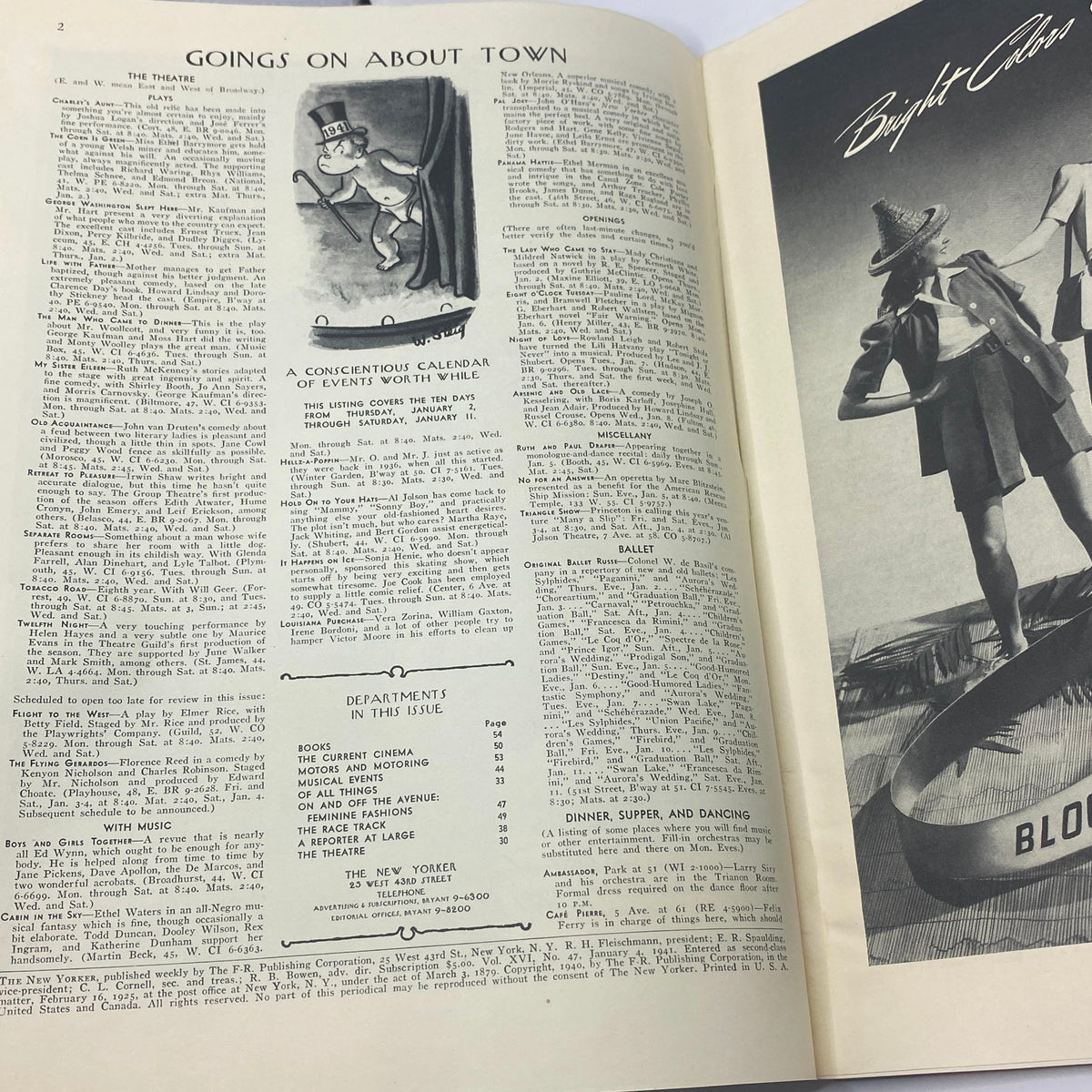 The New Yorker Complete Magazine January 4, 1941 - Ilonka Karasz Cover interior page featuring articles and events of the time.
