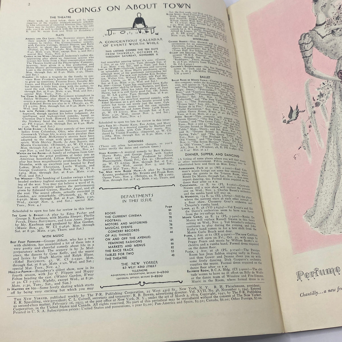 Interior page of The New Yorker magazine, November 1, 1941 edition, featuring the column 'Goings On About Town' with listings for theater and events.