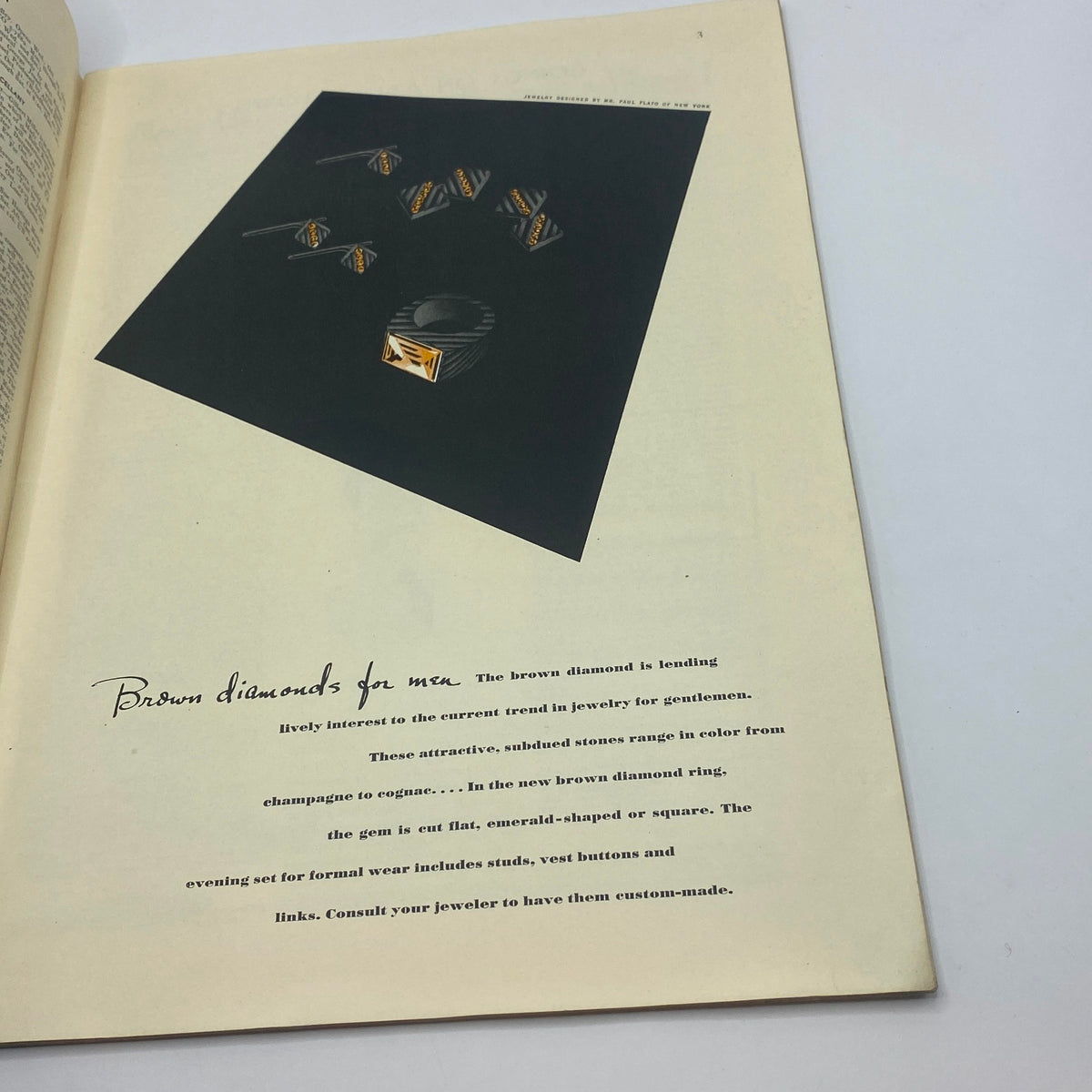 Advertisement for brown diamonds aimed at men, within The New Yorker magazine from October 25, 1941. This page highlights the trend of brown diamond jewelry for gentlemen, featuring various diamond rings and accessories.