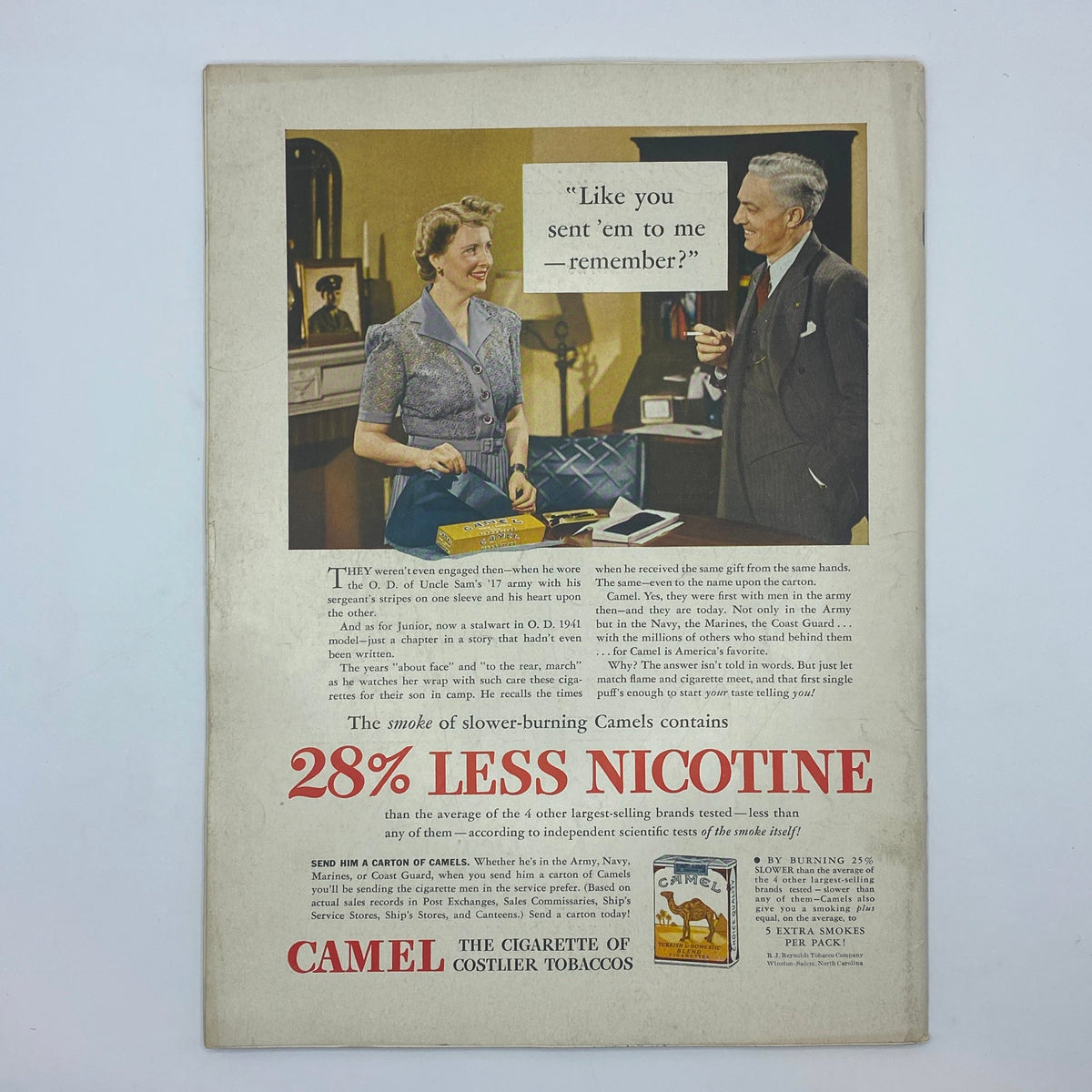 Vintage cigarette advertisement from Camel in The New Yorker magazine, dated October 25, 1941. The ad depicts two well-dressed individuals discussing cigarettes and promotes Camel's claim of containing 28% less nicotine.