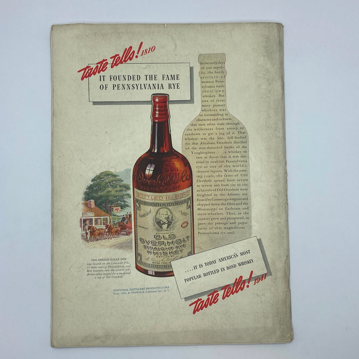 Advertisement page from The New Yorker Complete Magazine November 29, 1941 showcasing Old Overholt rye whiskey with a historical context.