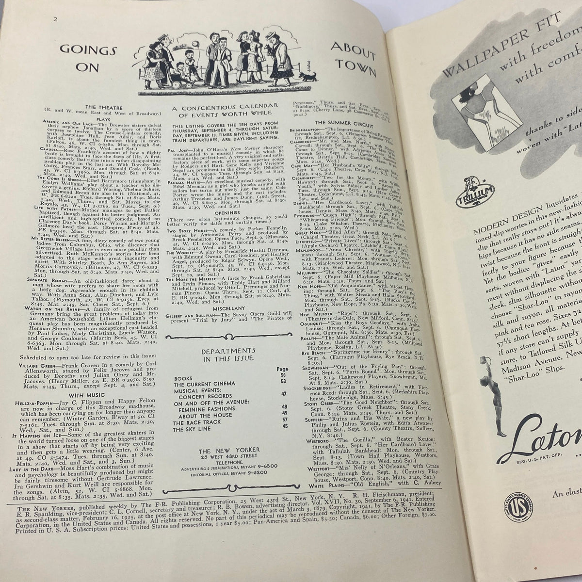 The New Yorker Complete Magazine September 6, 1941 showing pages of events and advertisements in very good condition.