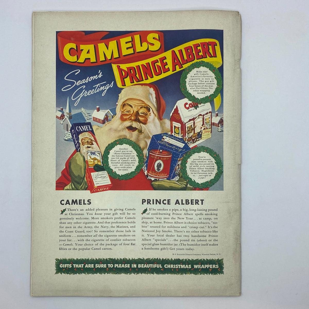Advertisement page from The New Yorker magazine December 20, 1941, featuring a festive ad for Camels cigarettes and Prince Albert tobacco with a Christmas theme.