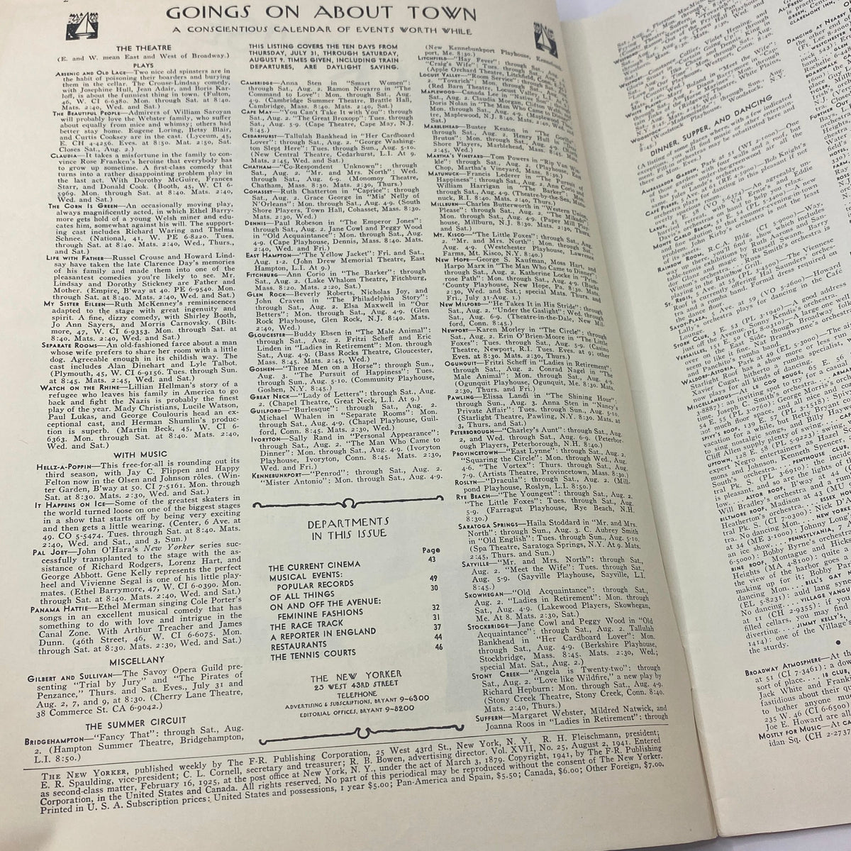 Inside page of The New Yorker magazine from August 2, 1941, featuring a calendar of events and theater listings, highlighting the ongoing cultural activities in New York City.