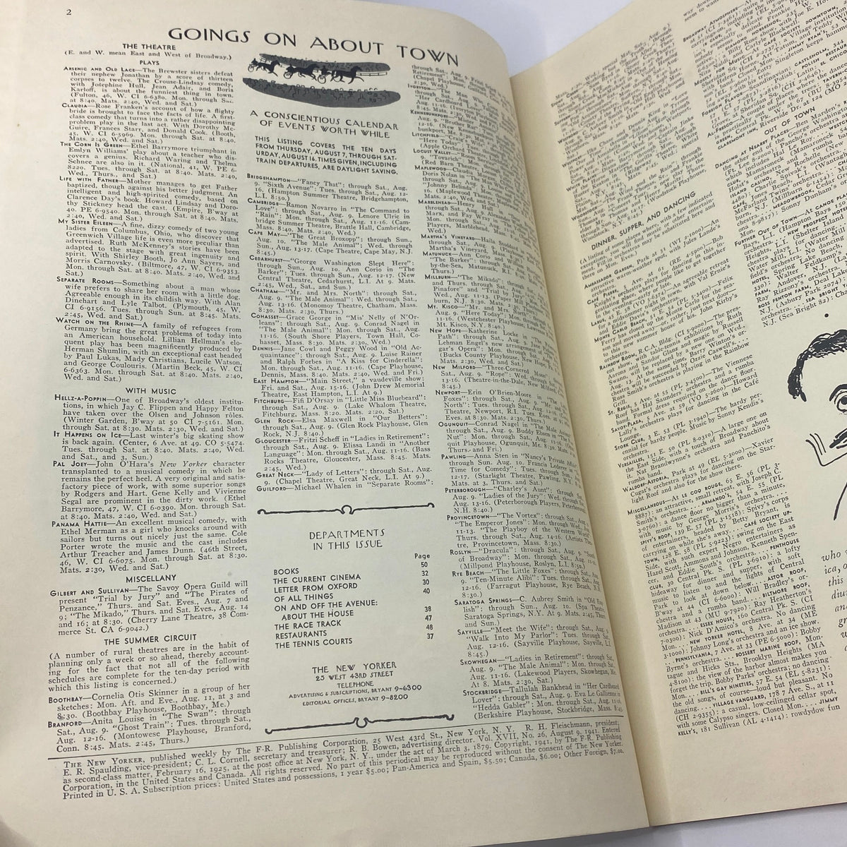 Interior page of The New Yorker Complete Magazine August 9, 1941 featuring the section 'Goings On About Town' with theatrical events, music, and department listings.