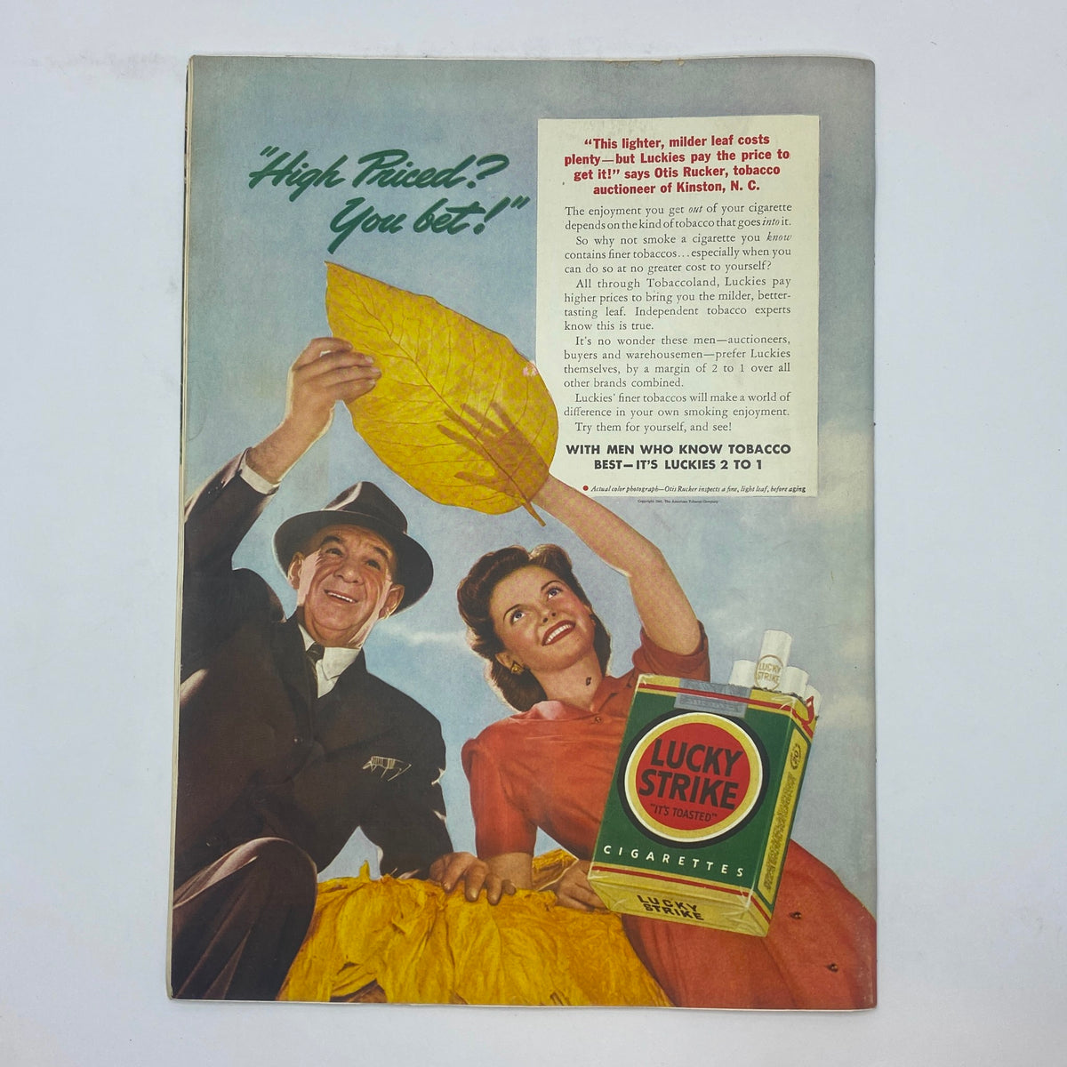Back cover of The New Yorker magazine from August 9, 1941, displaying a colorful advertisement for Lucky Strike cigarettes with a man and woman happily showcasing a large tobacco leaf.
