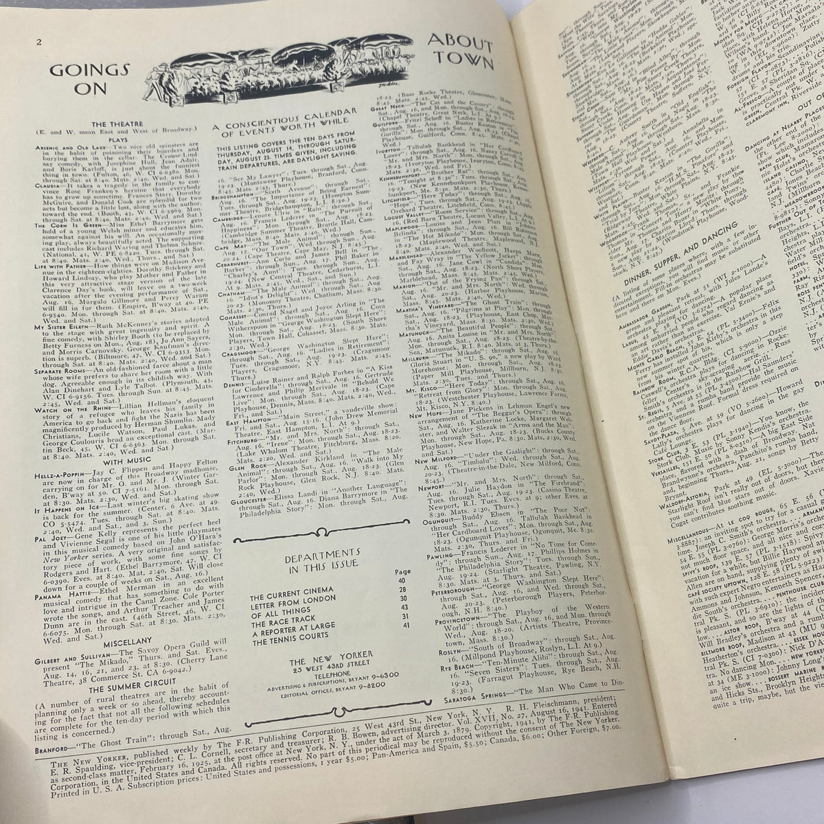 Interior page of The New Yorker Complete Magazine August 16, 1941, featuring the 'Goings On' section. This page highlights events in New York City during the early 1940s, showcasing cultural activities and entertainment listings.