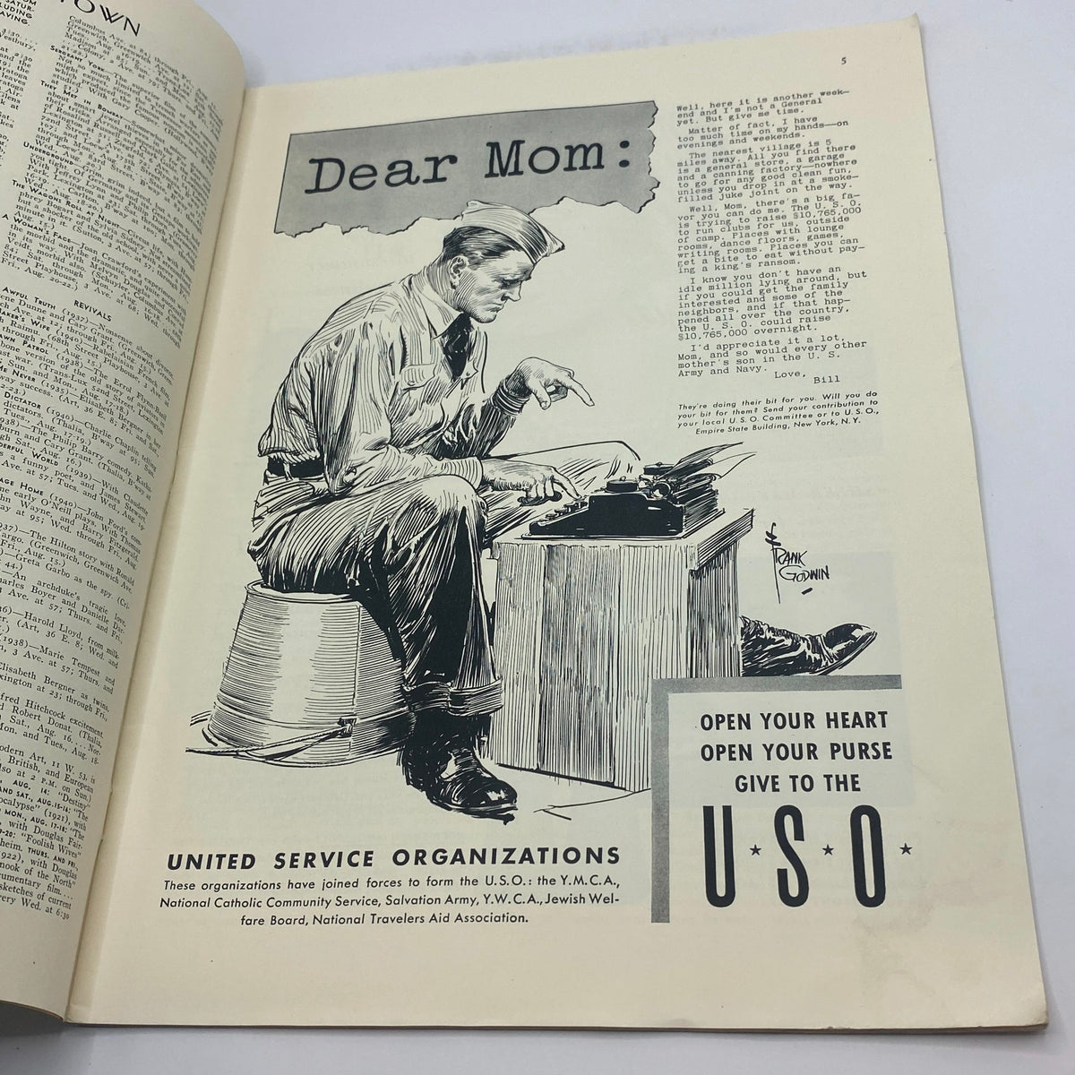 Interior page of The New Yorker Complete Magazine August 16, 1941, displaying an advertisement for United Service Organizations featuring a soldier writing a letter. The illustration emphasizes support for U.S. troops during World War II.