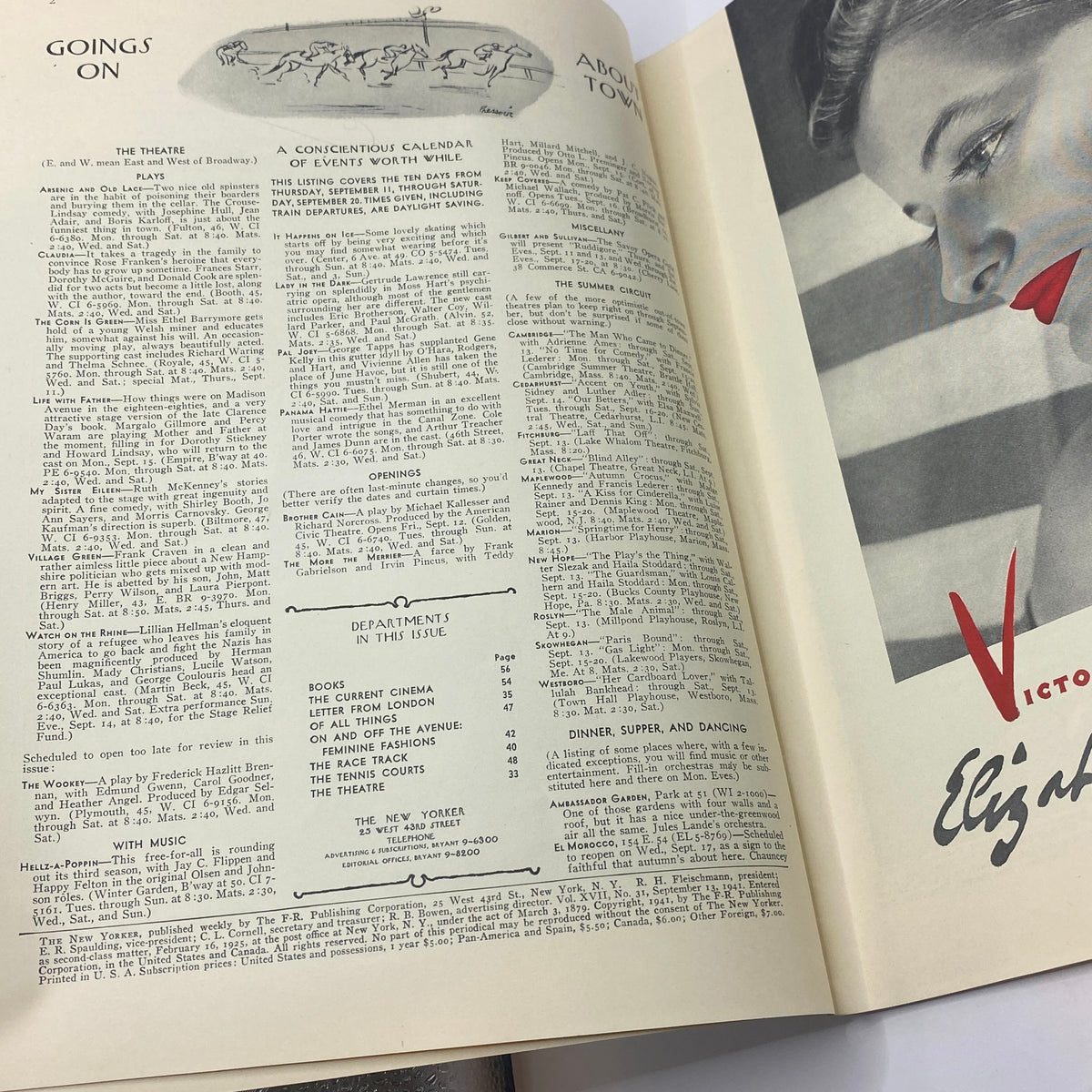 Interior page of The New Yorker complete magazine from September 13, 1941, featuring articles, theater listings, and advertisements, showcasing the distinctive style of the era.
