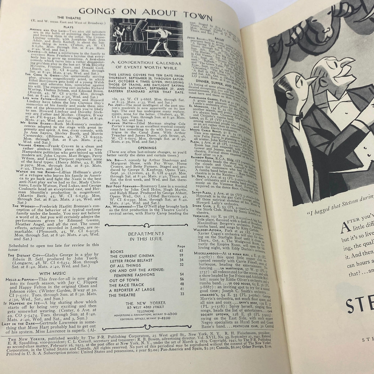 Interior page from The New Yorker Complete Magazine September 27, 1941 featuring a 'Goings on About Town' column with a calendar of events and illustrated graphics.