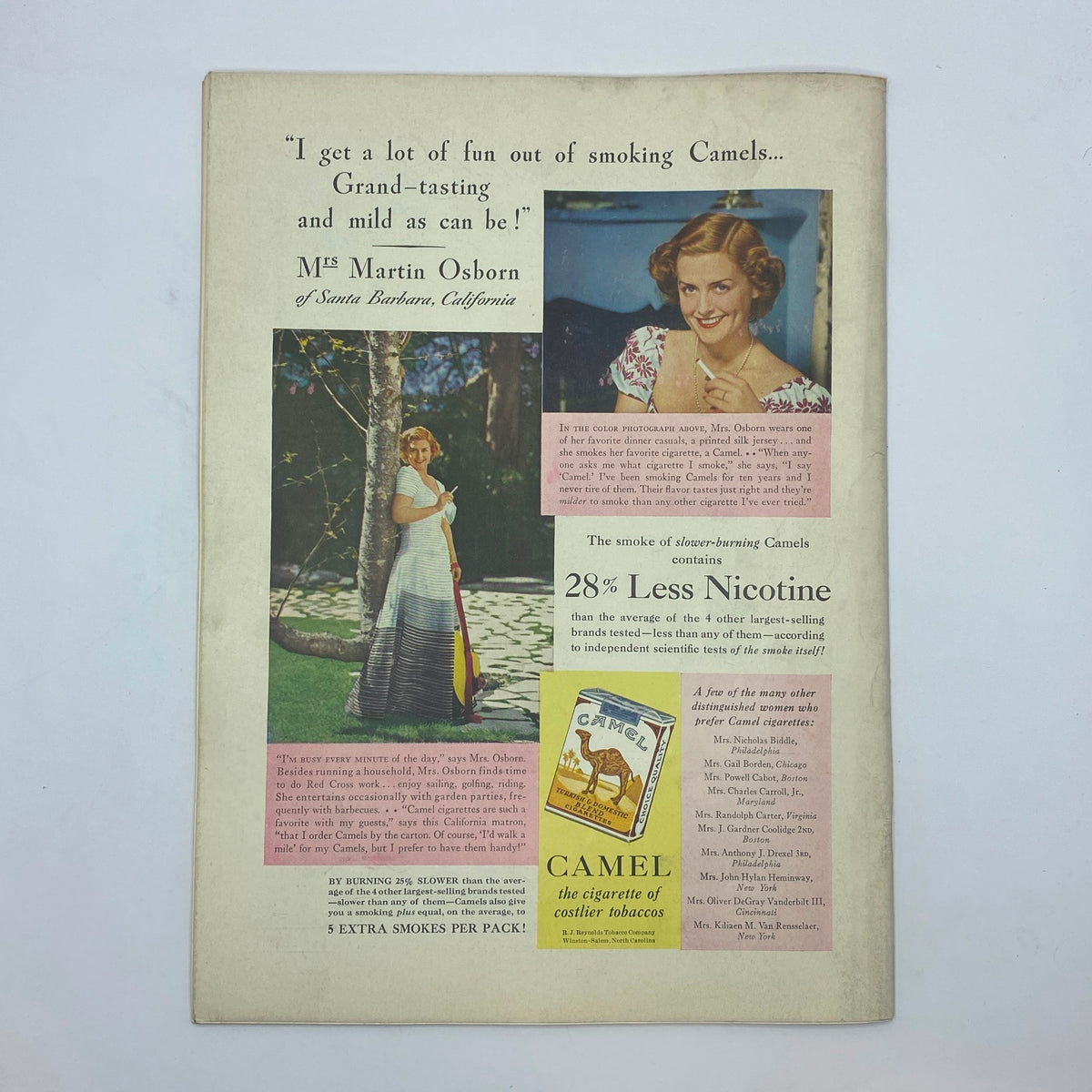 Vintage advertisement featuring Mrs. Martin Osborn from Santa Barbara, California, promoting Camel cigarettes, as seen in The New Yorker Complete Magazine September 27, 1941 Constantin Alajalov Cover.