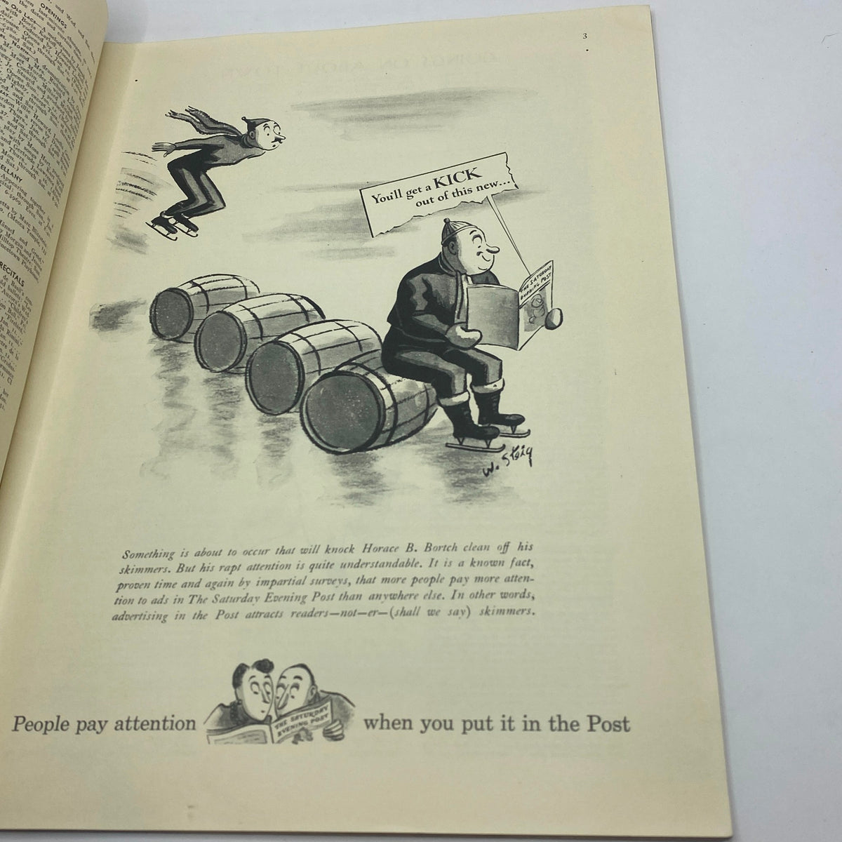 Cartoon illustration from The New Yorker magazine, January 11, 1941, depicting a humorous scene with a figure skating, highlighting the playful tone of the publication.