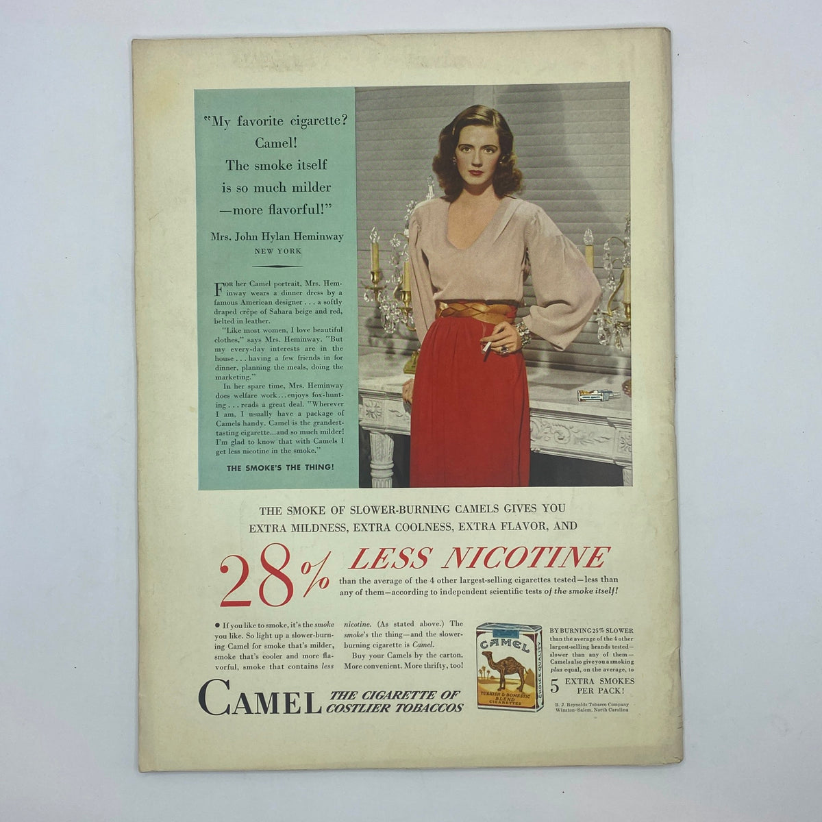 Vintage Camel cigarette advertisement from The New Yorker magazine, May 10, 1941, featuring a glamorous woman promoting the brand with a focus on flavor and nicotine content.