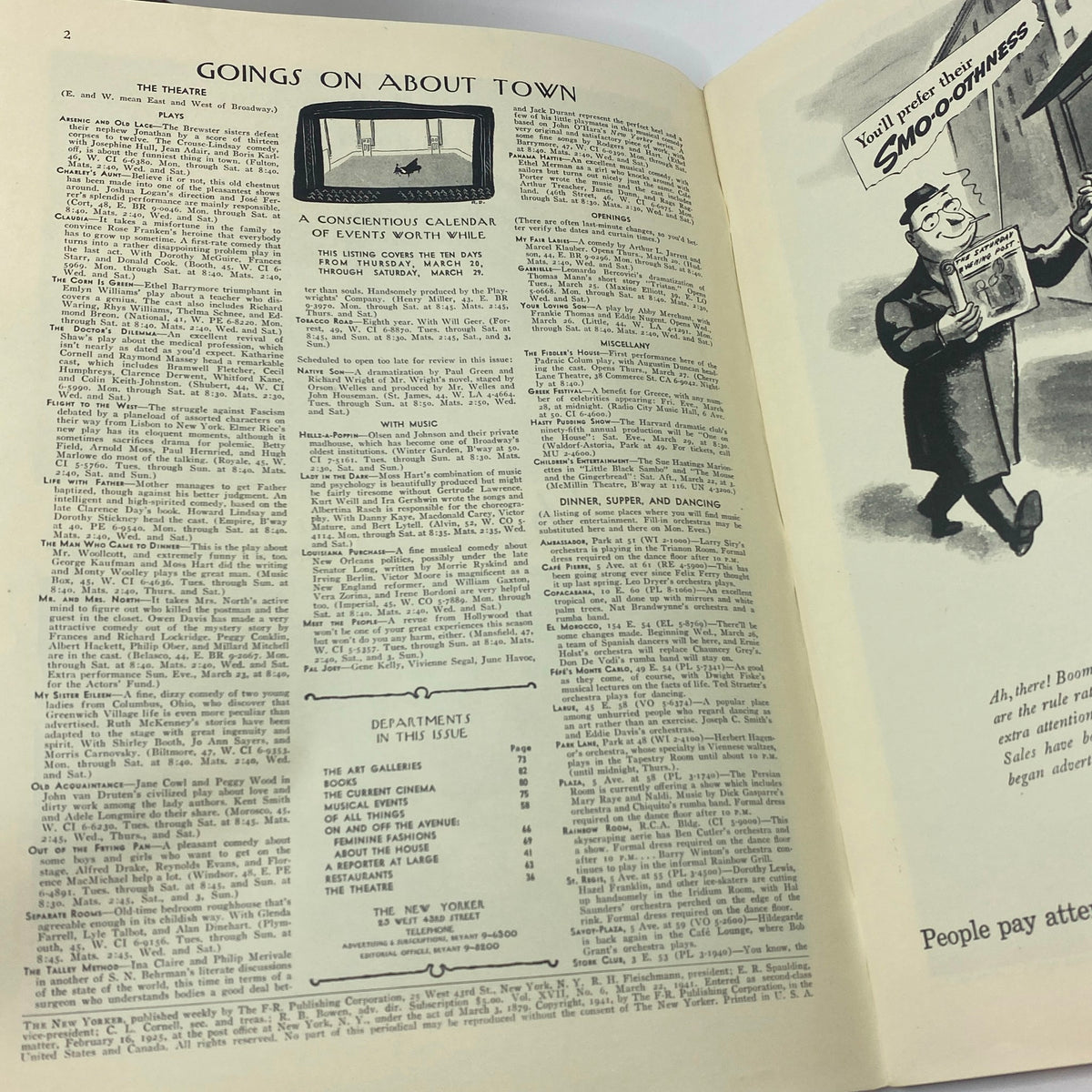 Page from The New Yorker March 22, 1941 showing the 'Goings On About Town' section, featuring listings and events, with a styled illustration.