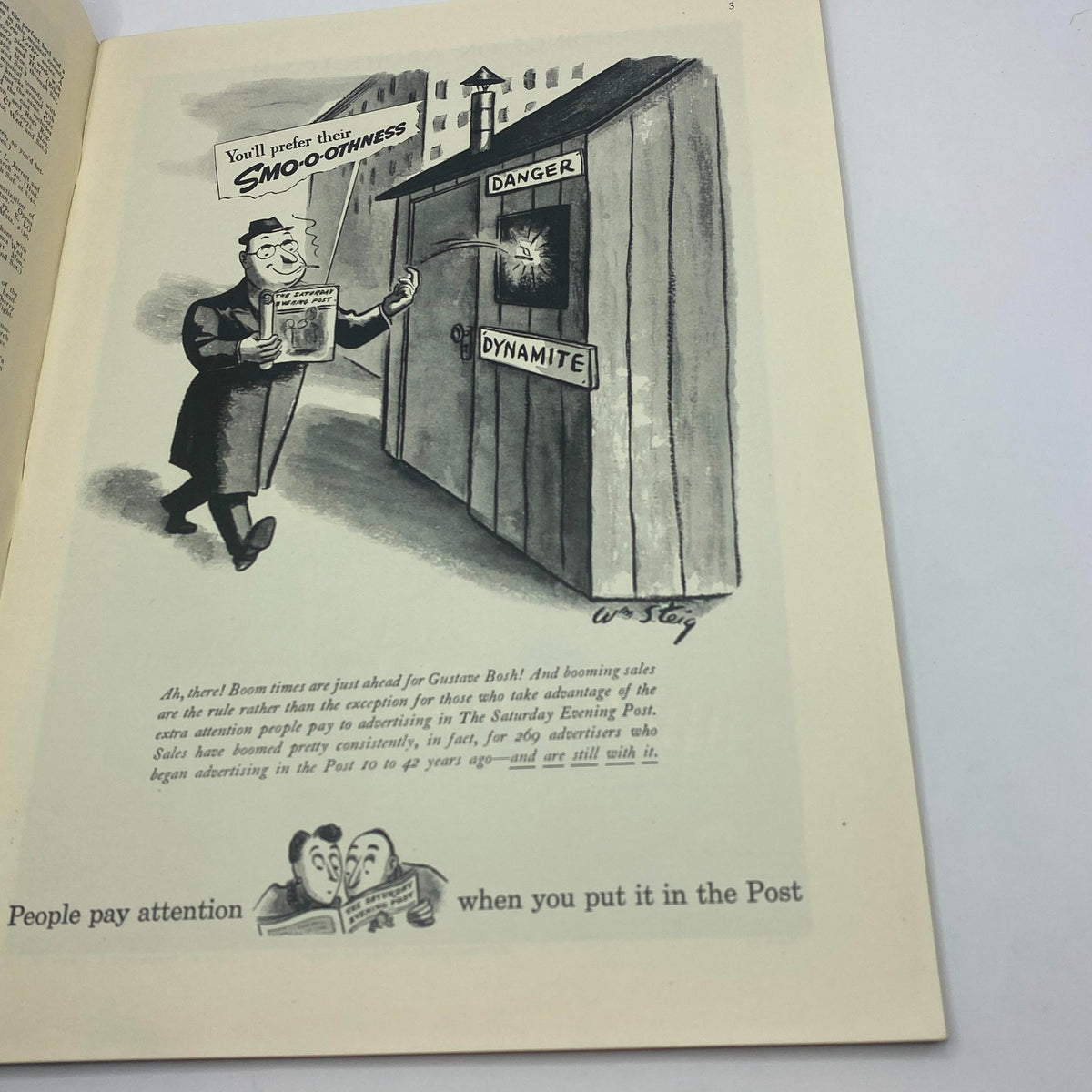 Cartoon illustration from The New Yorker March 22, 1941, depicting a man with a newspaper walking past a sign labeled 'Danger' and 'Dynamite'.