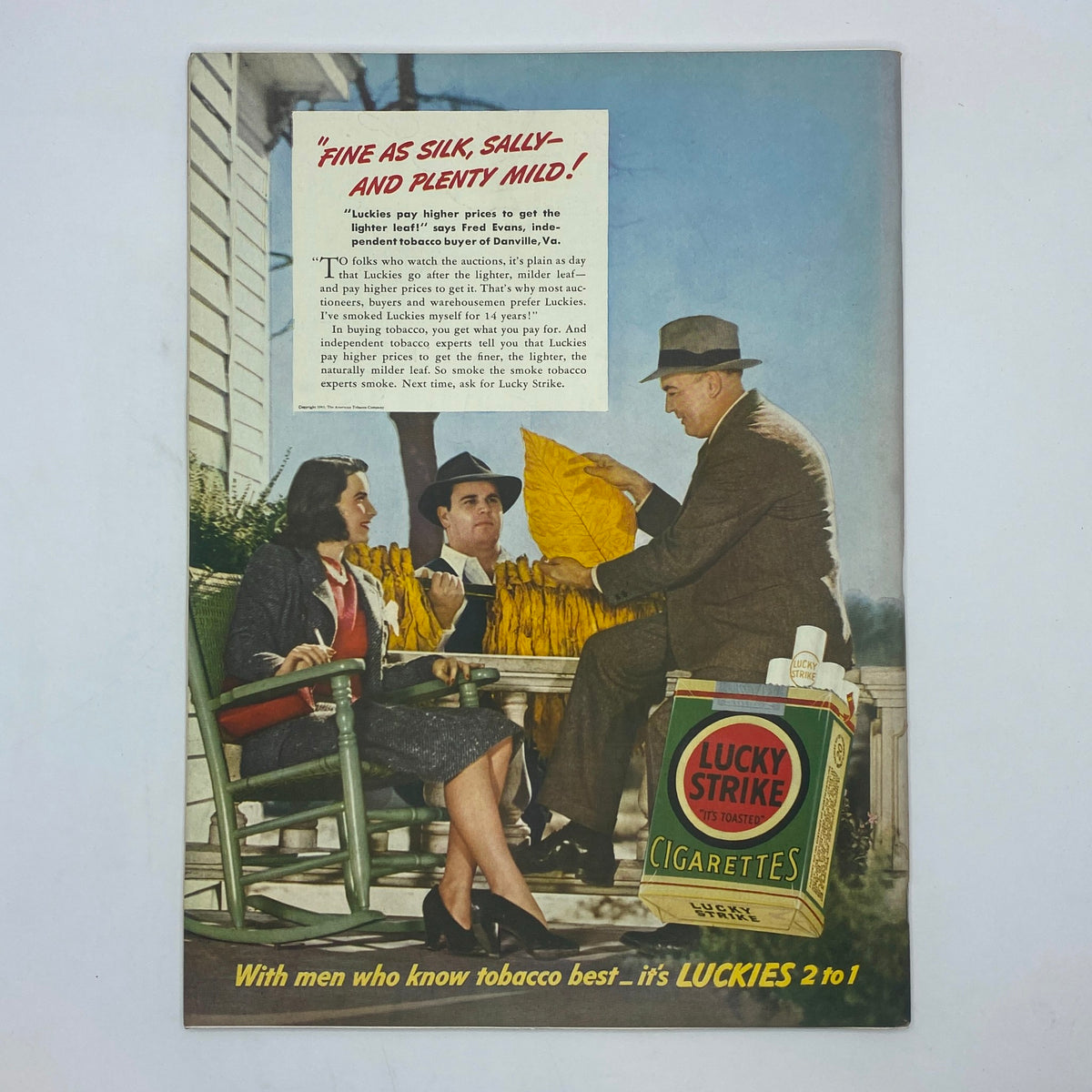 Advertisment for Lucky Strike cigarettes from The New Yorker March 22, 1941, featuring a group discussion about tobacco leaves with colorful branding.